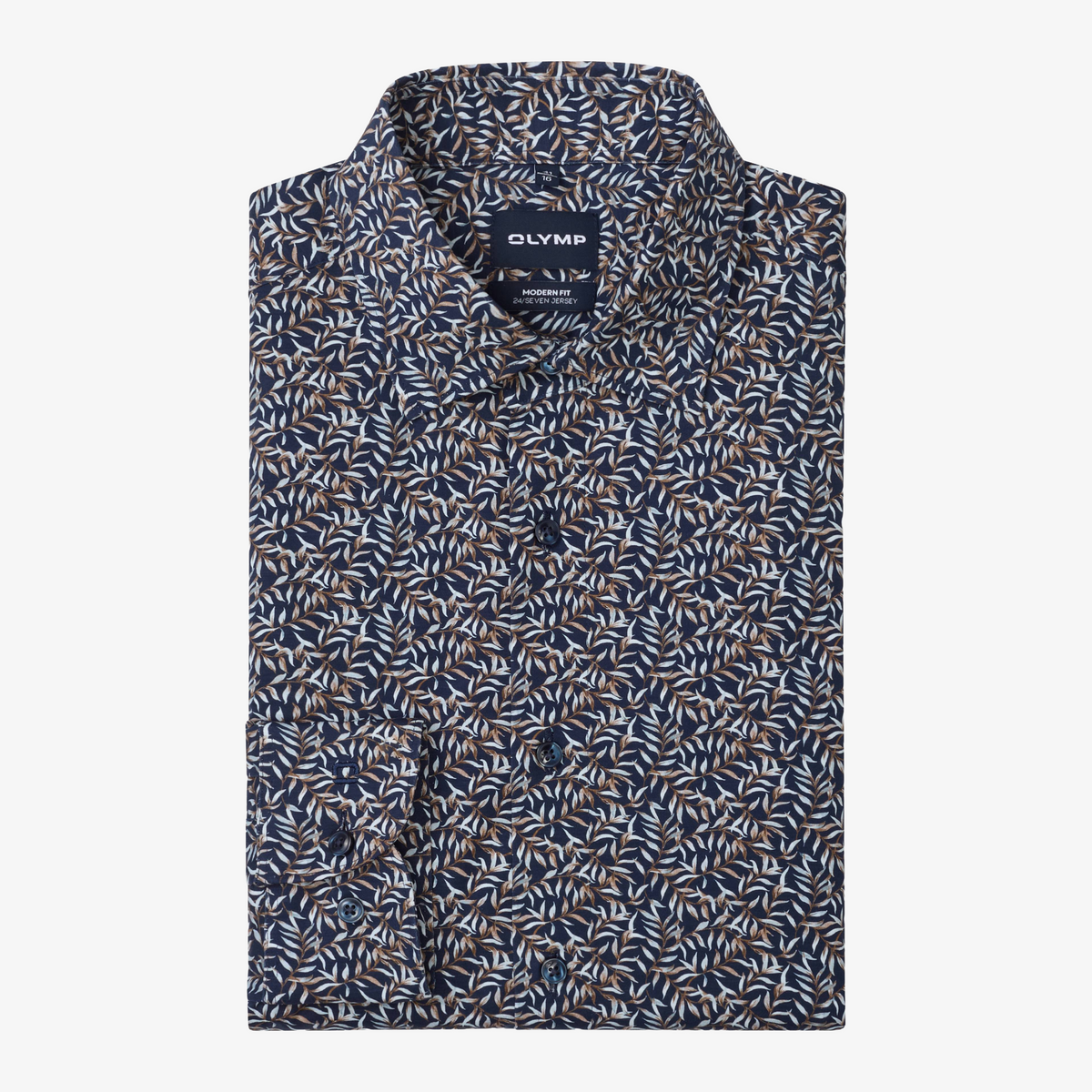 Olymp Luxor 24/Seven Jersey Leaf Print Shirt - Navy