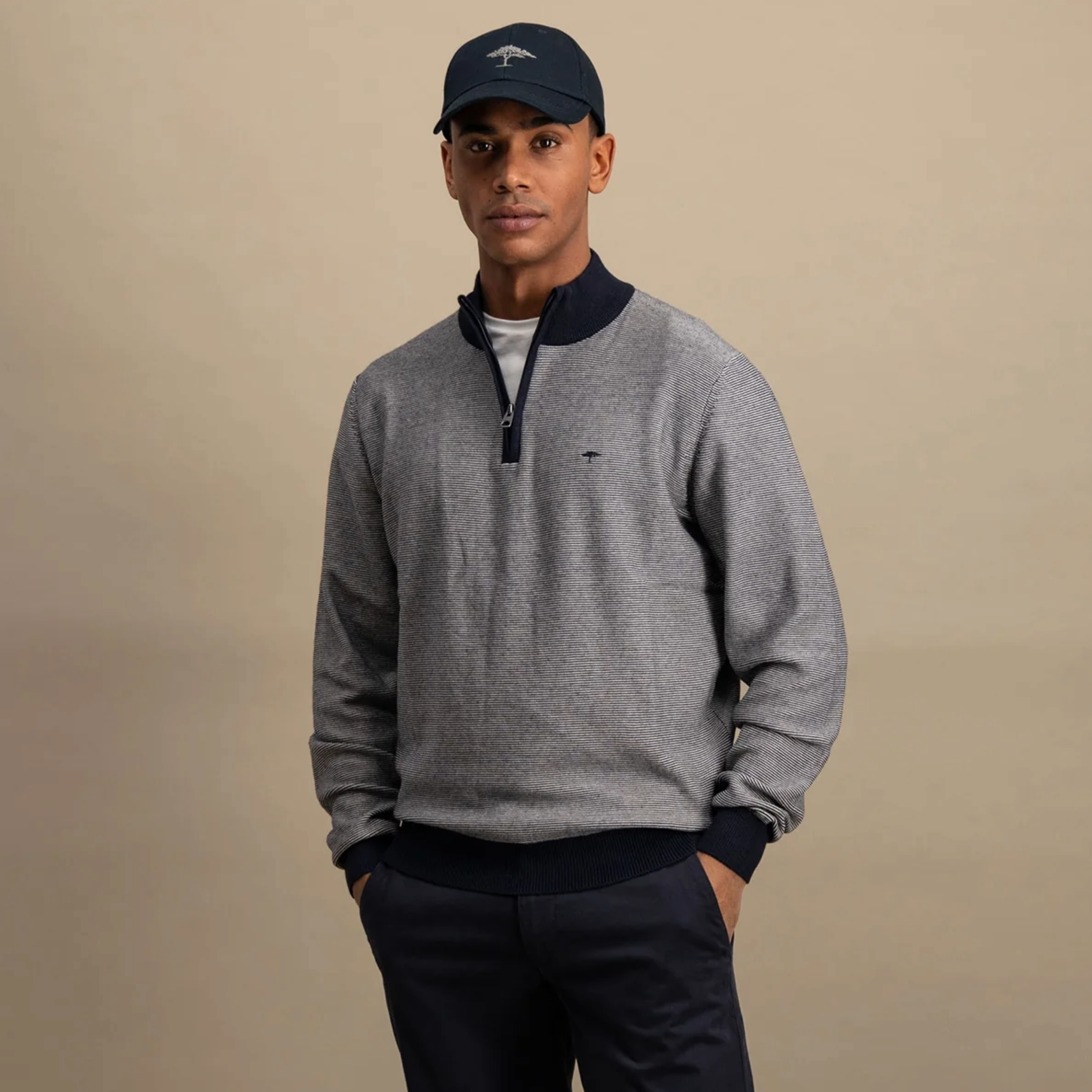 Fynch-Hatton Fine Stripes Half Zip Jumper - Navy