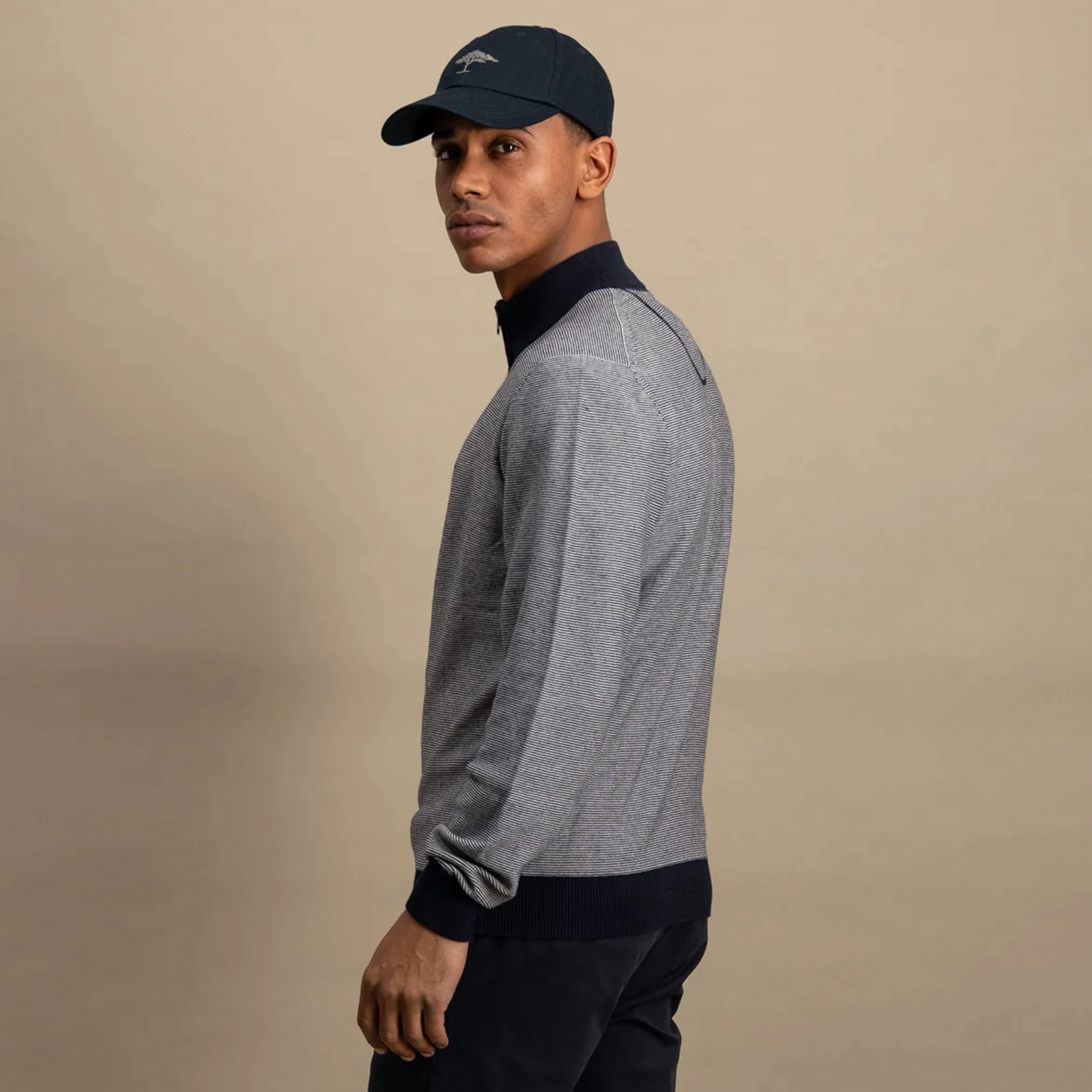 Fynch-Hatton Fine Stripes Half Zip Jumper - Navy