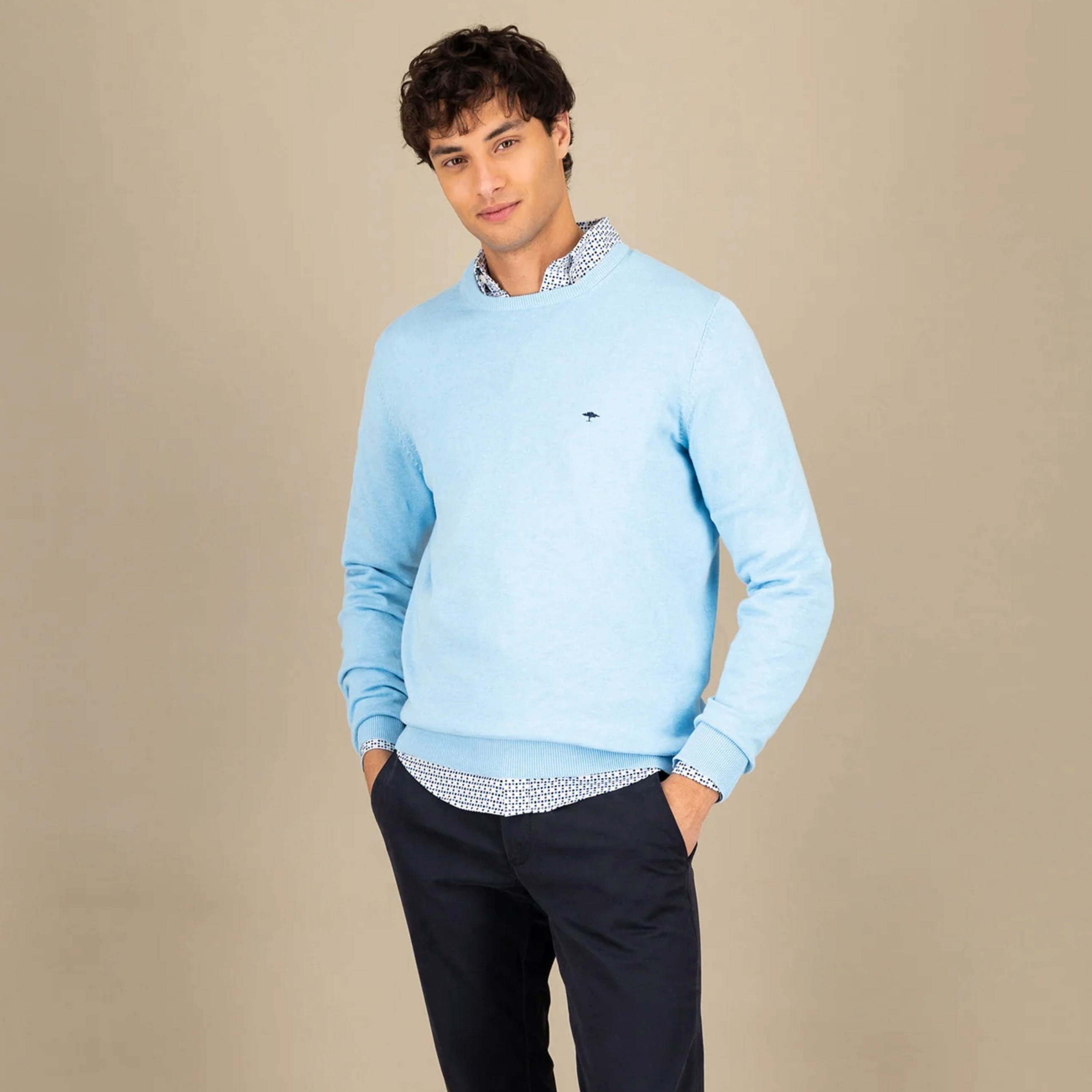 Fynch-Hatton Superfine Cotton Crew Jumper - Splashy Ocean