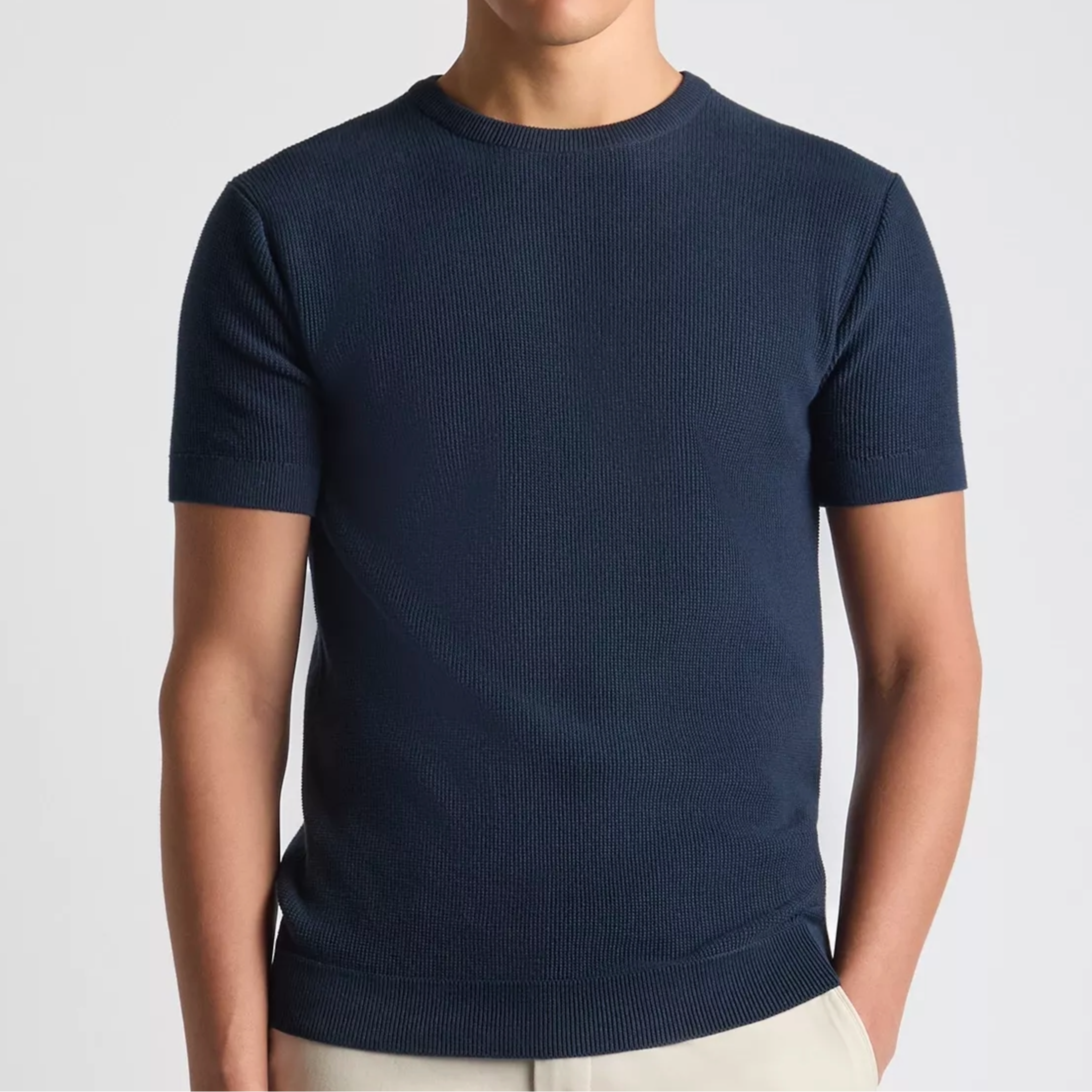Remus Slim Fit Wafffle Knitted T Shirt - Navy