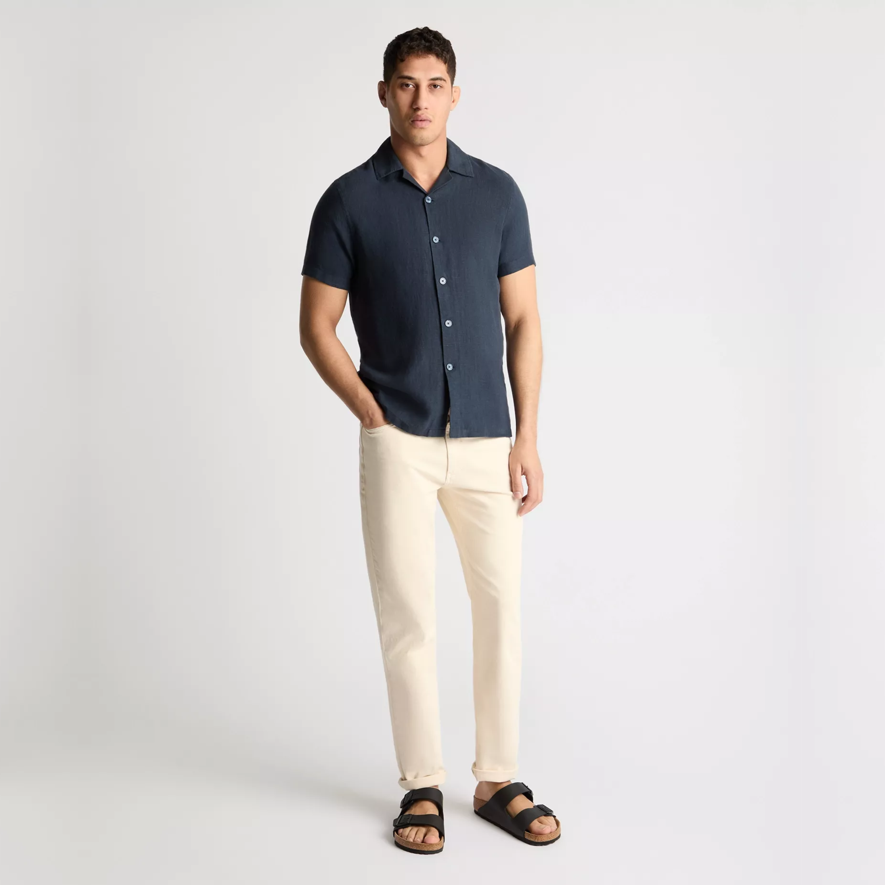 Remus Tapered Fit Short Sleeve Linen Shirt - Navy