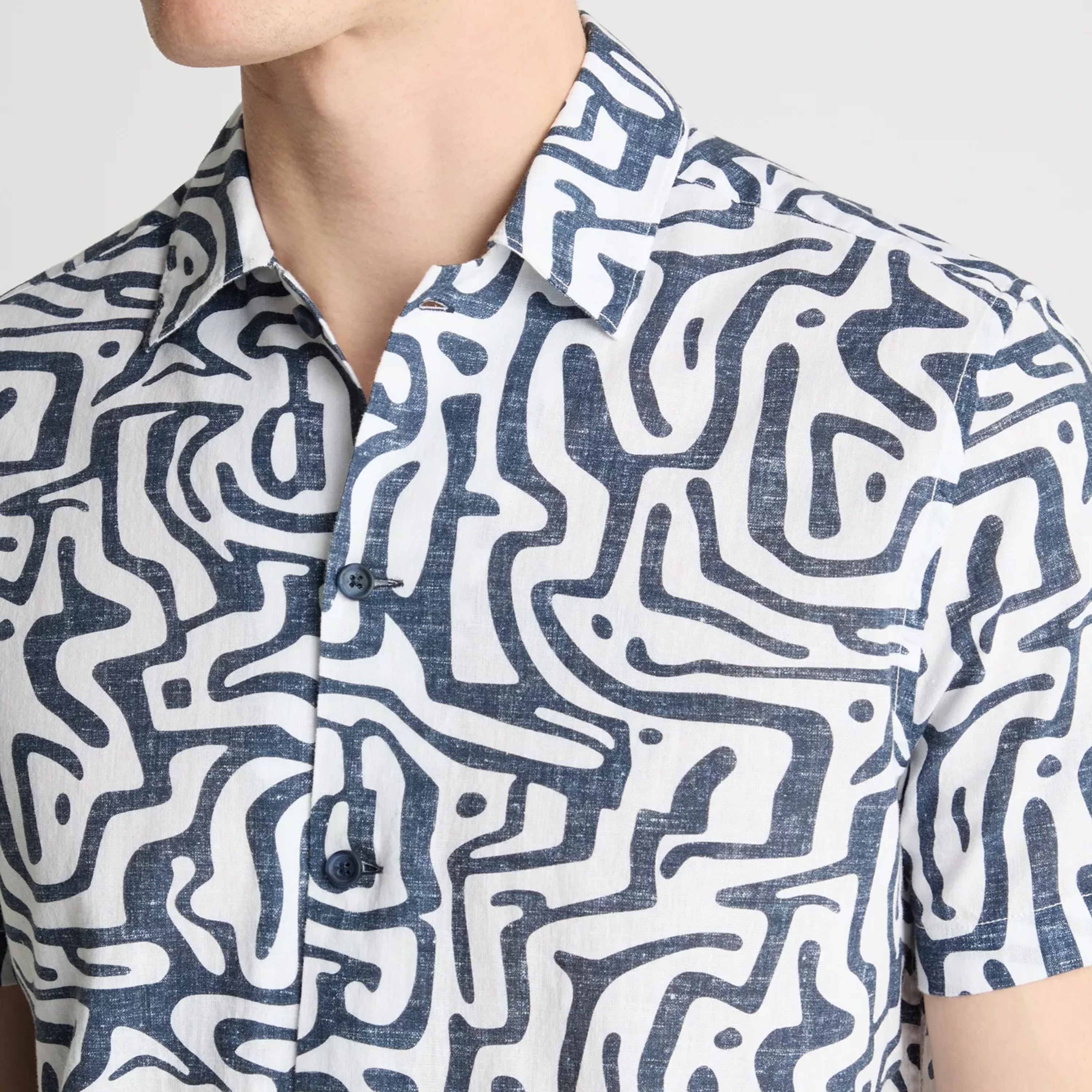 Remus Tapered Fit Cotton Linen Print Shirt - Navy