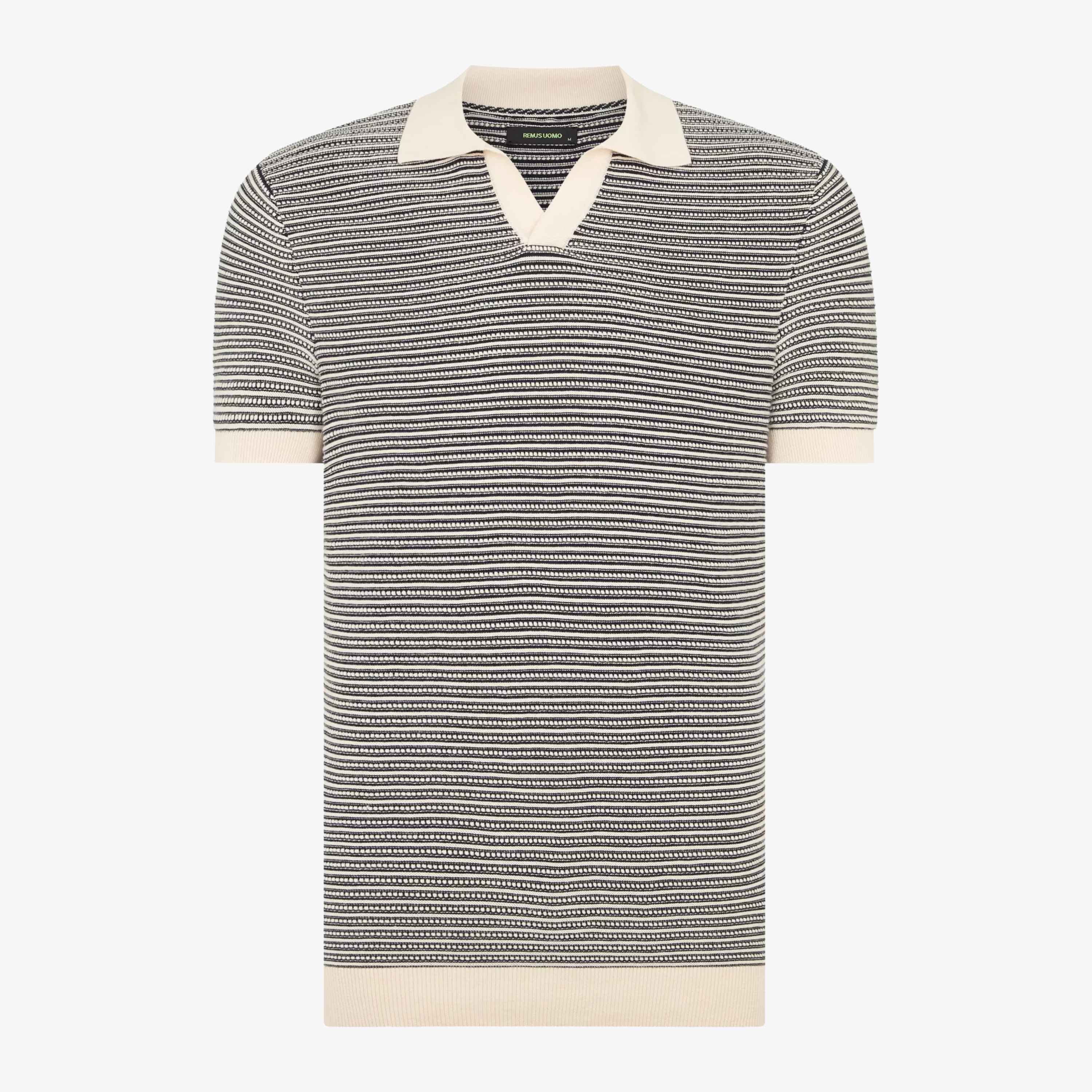 Remus Open Collar Striped Knitted Polo Shirt - Navy