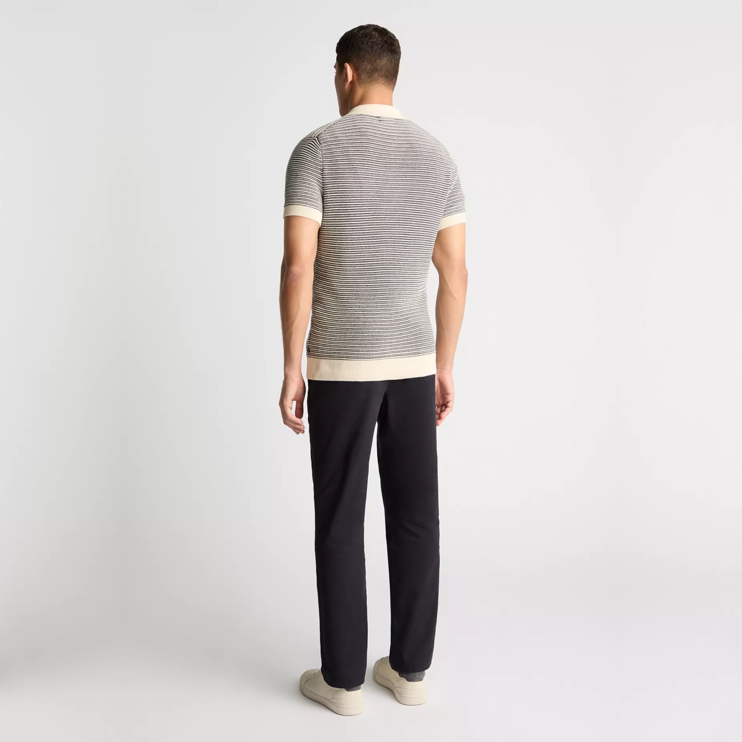 Remus Open Collar Striped Knitted Polo Shirt - Navy