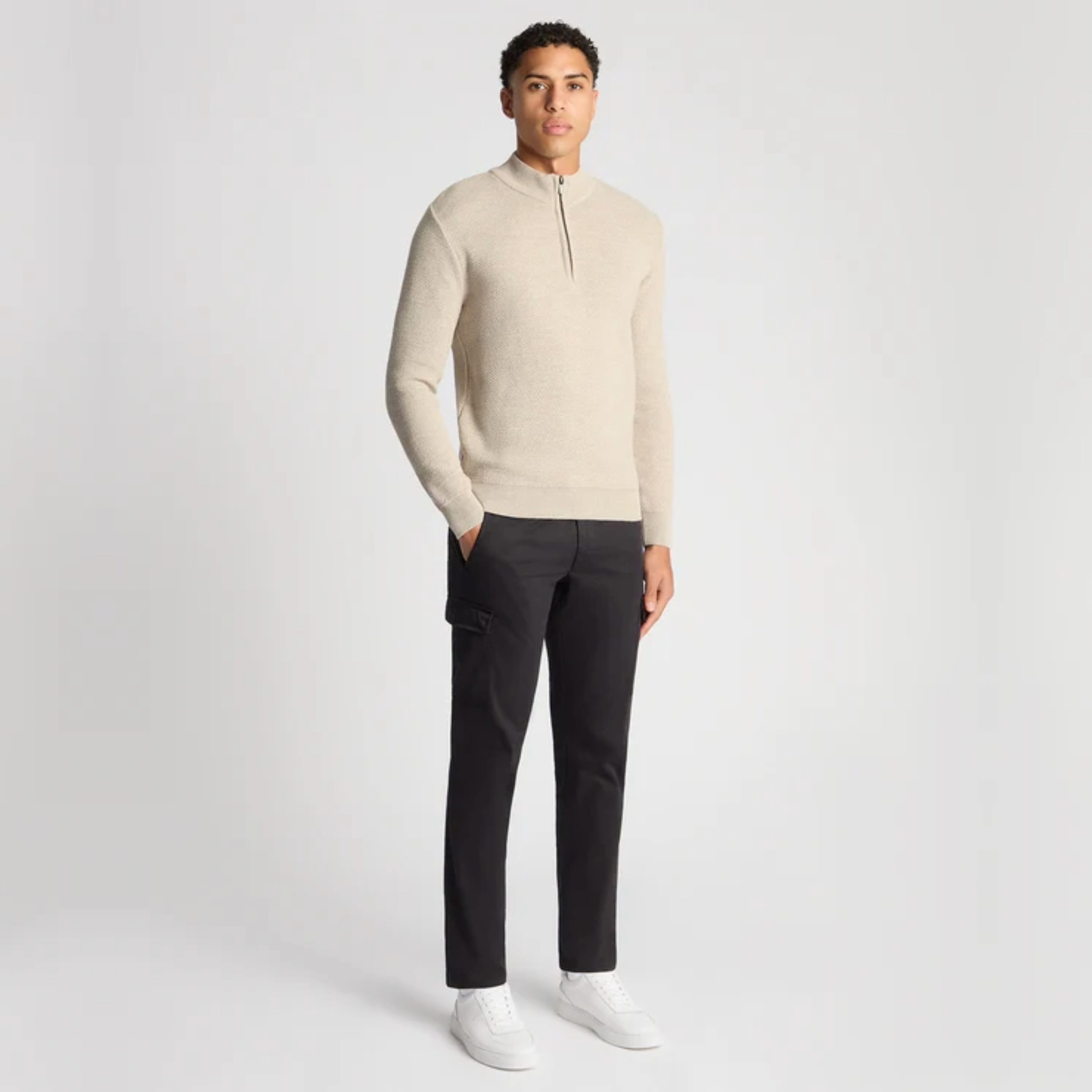 Remus Textured Tapered Fit Merino Half Zip Jumper - Beige