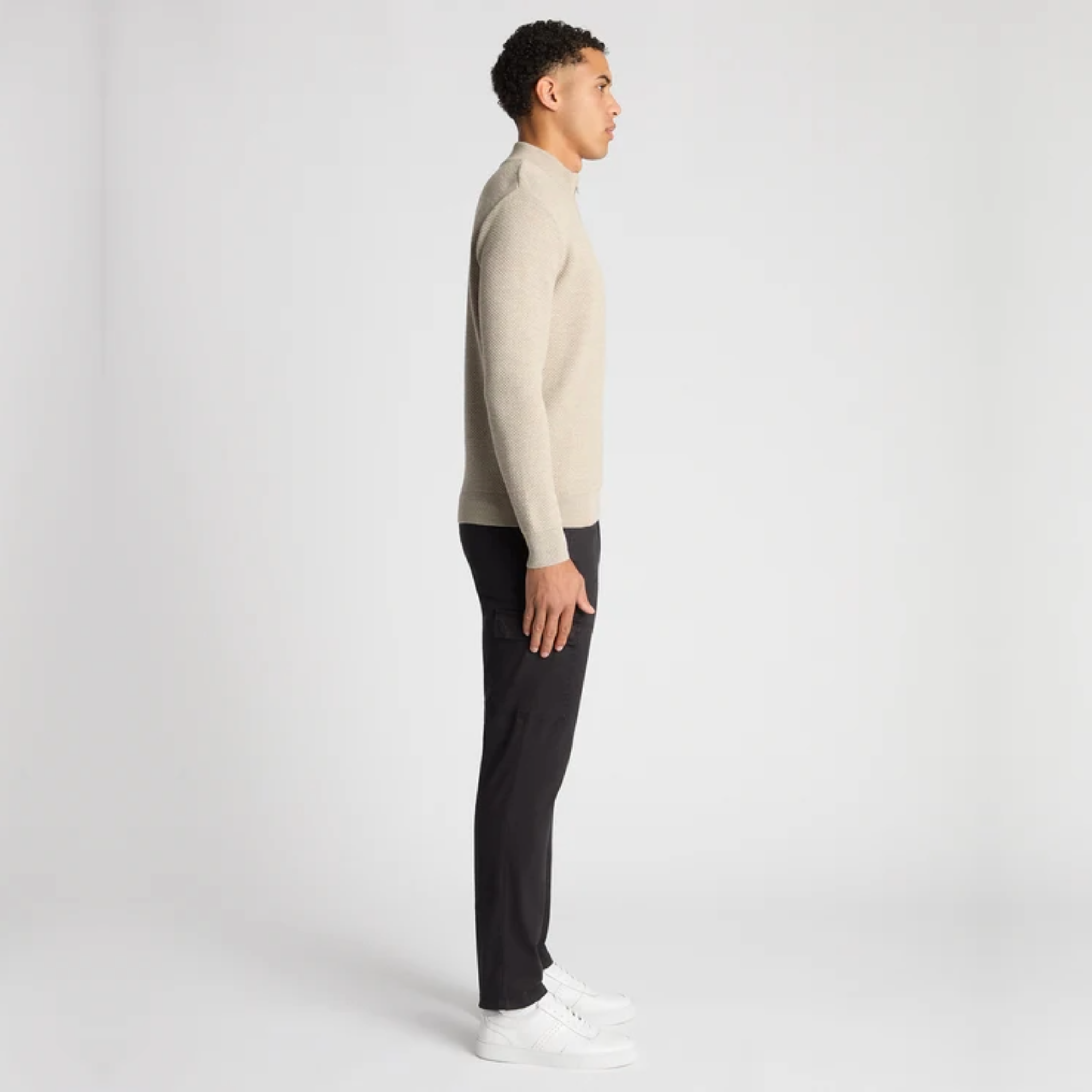 Remus Textured Tapered Fit Merino Half Zip Jumper - Beige