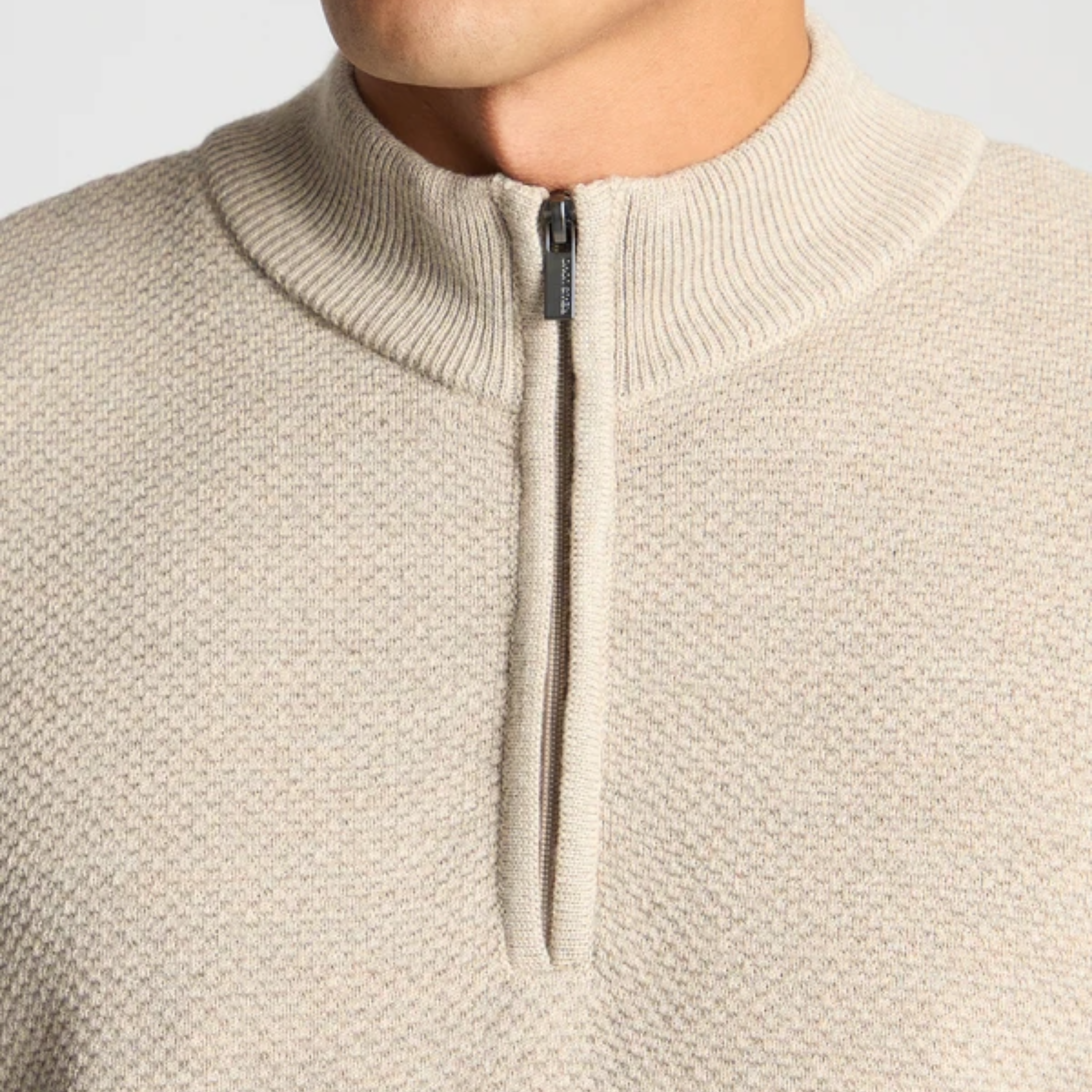 Remus Textured Tapered Fit Merino Half Zip Jumper - Beige
