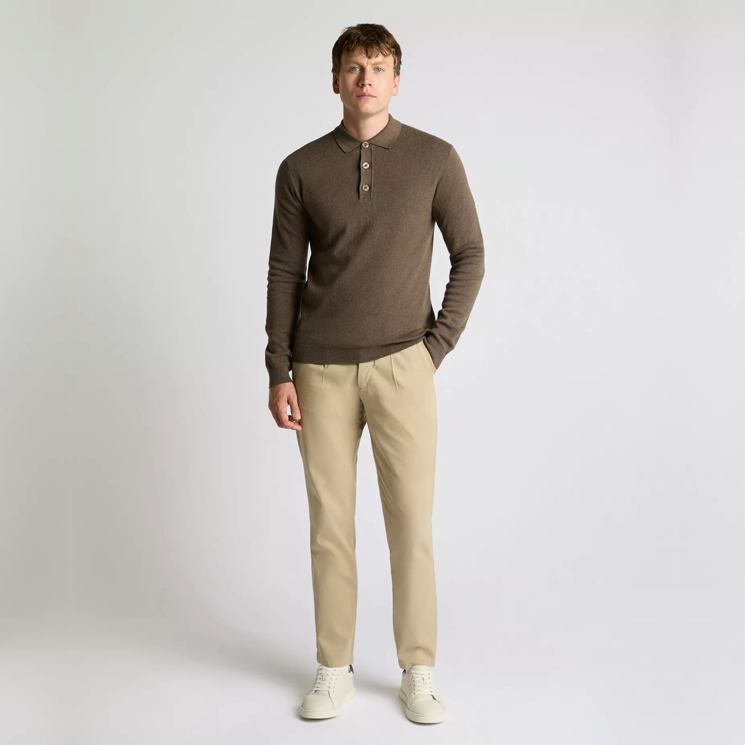 Remus Long Sleeve Cotton Knit Polo - Brown