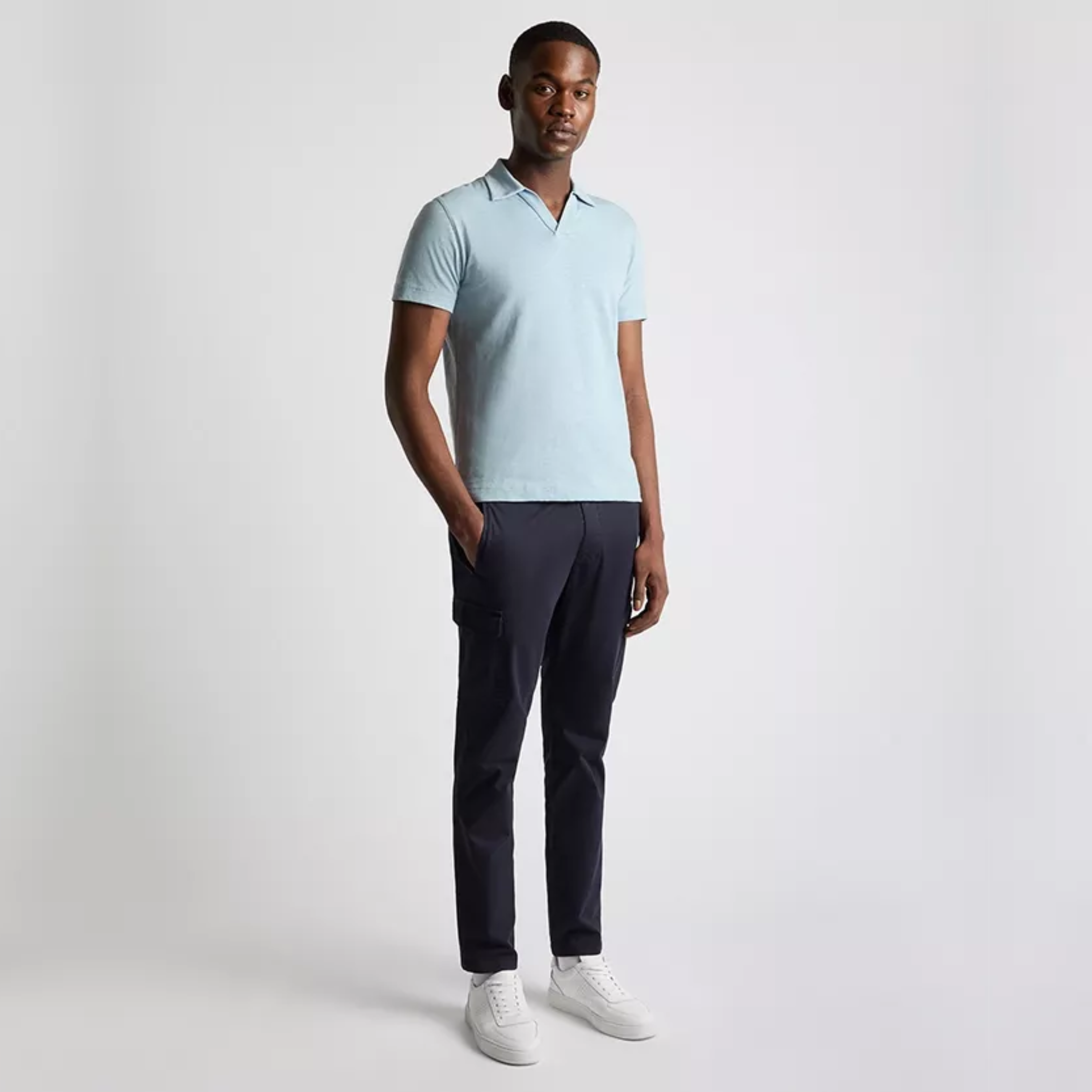 Remus Slub Yarn Open Collar Jersey Polo Shirt - Sky Blue