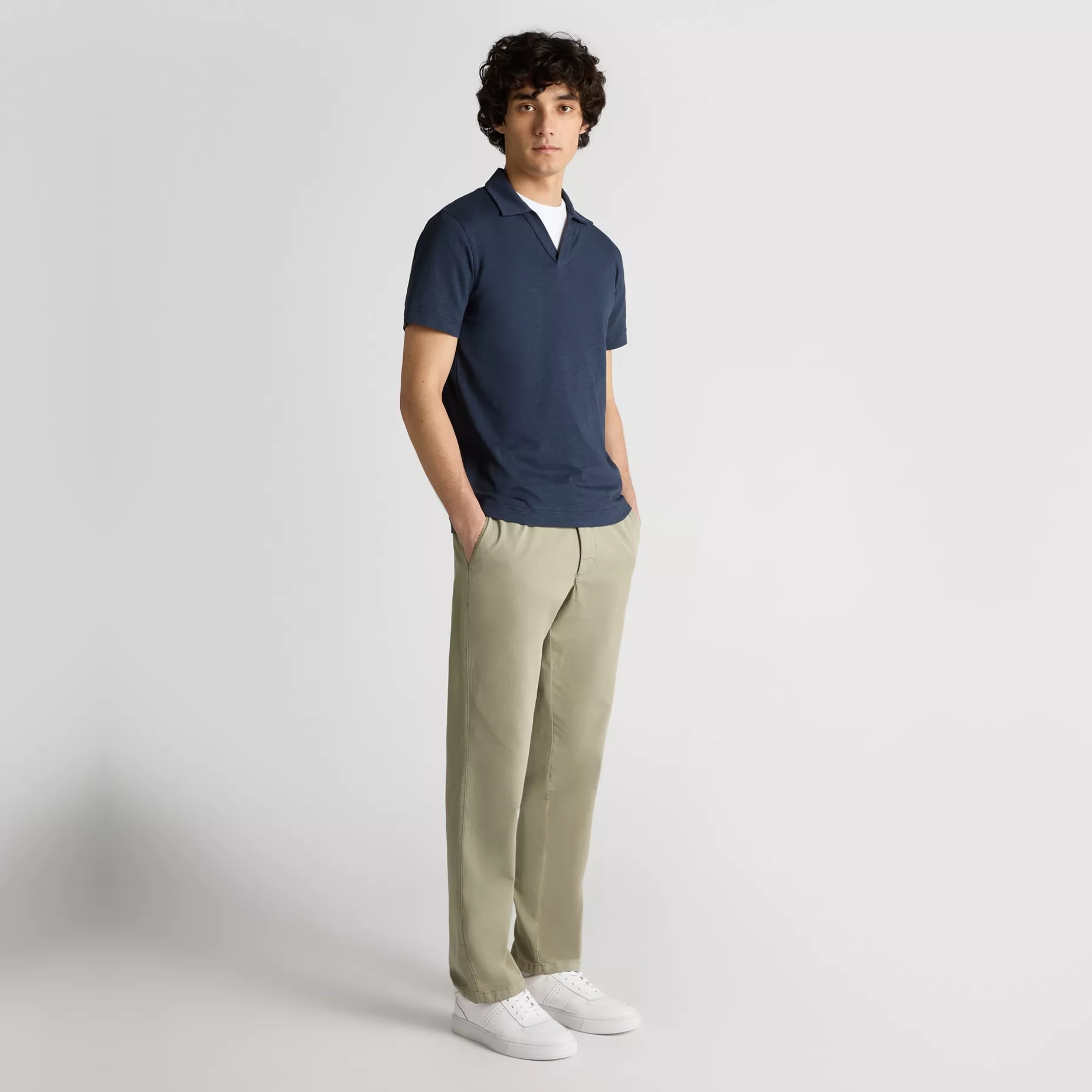 Remus Slub Yarn Open Collar Jersey Polo Shirt - Navy