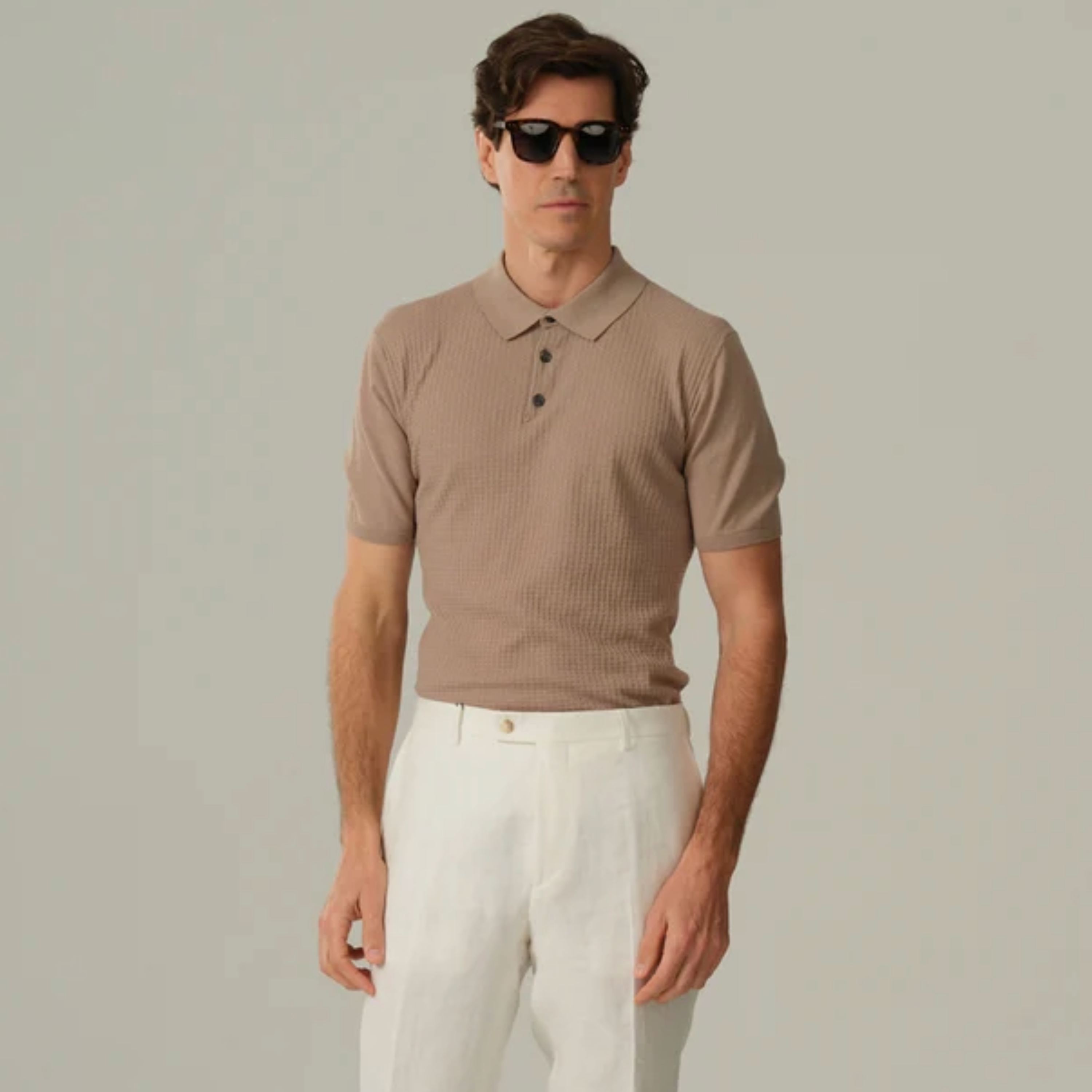 Sand Retro Cotton Knitted Polo Shirt - Beige