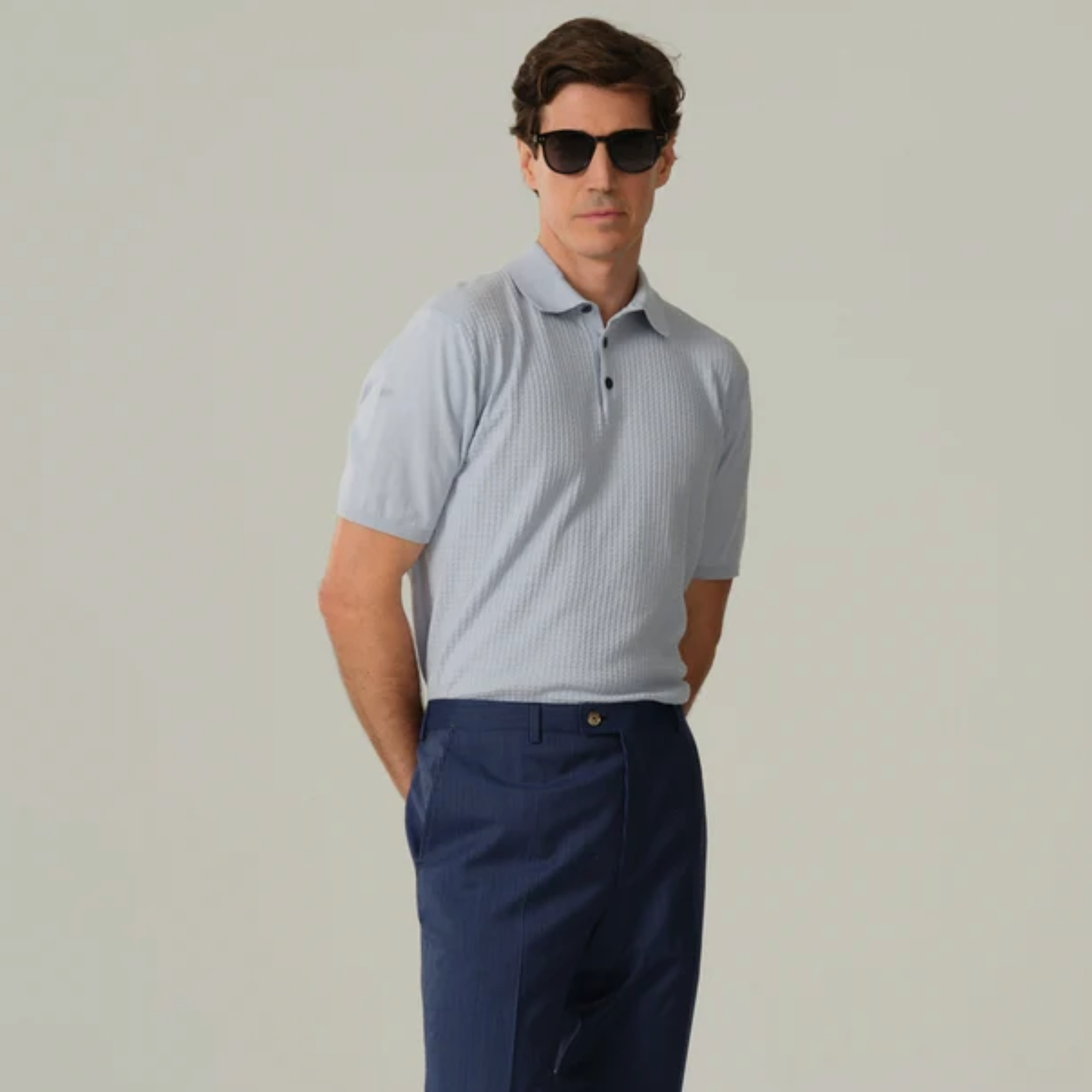 Sand Retro Cotton Knitted Polo Shirt - Light Blue