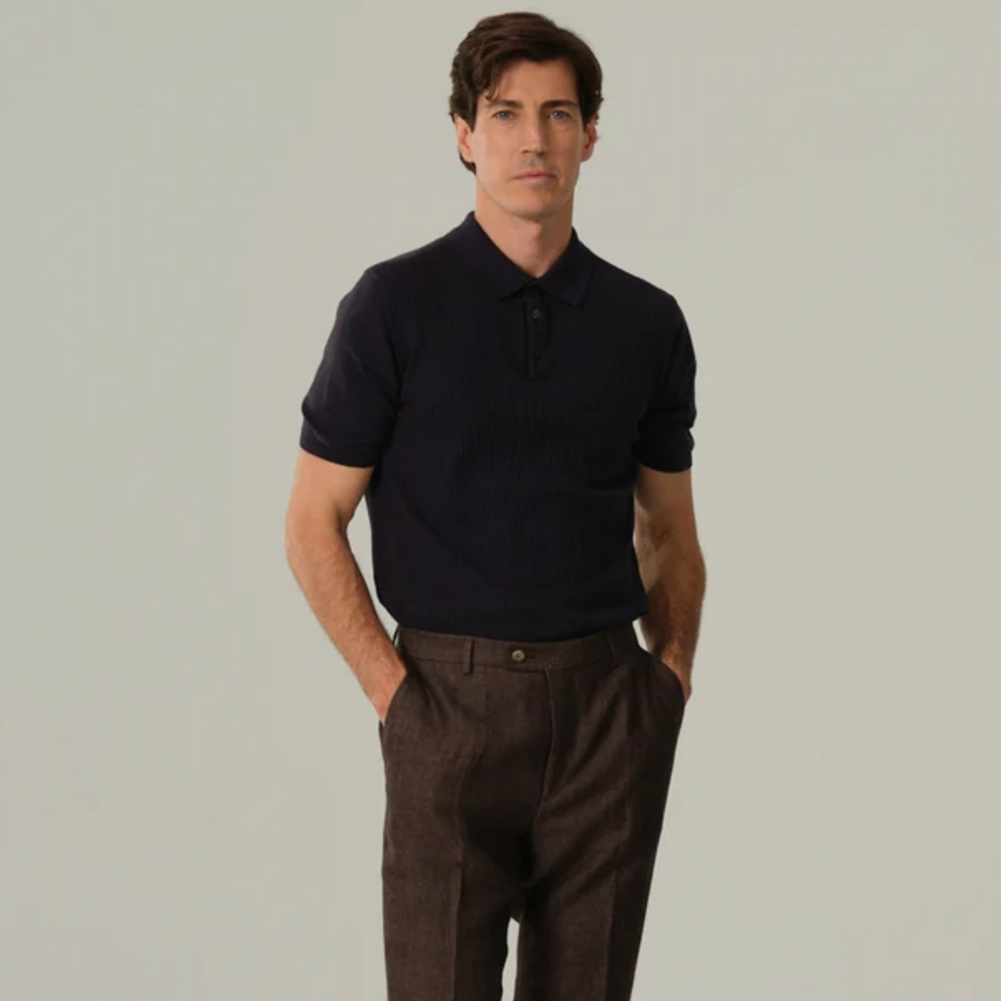 Sand Retro Cotton Knitted Polo Shirt - Navy