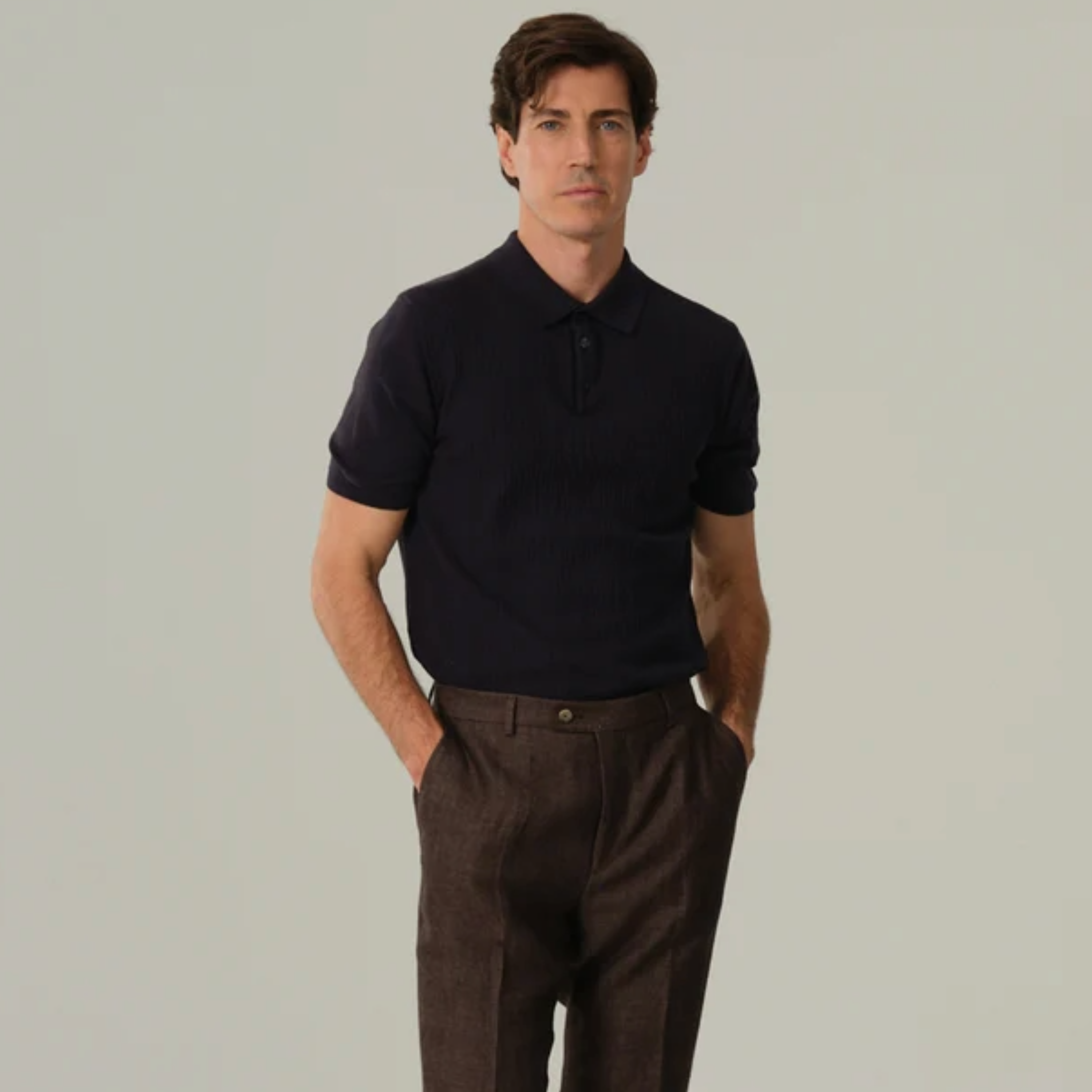 Sand Retro Cotton Knitted Polo Shirt - Navy