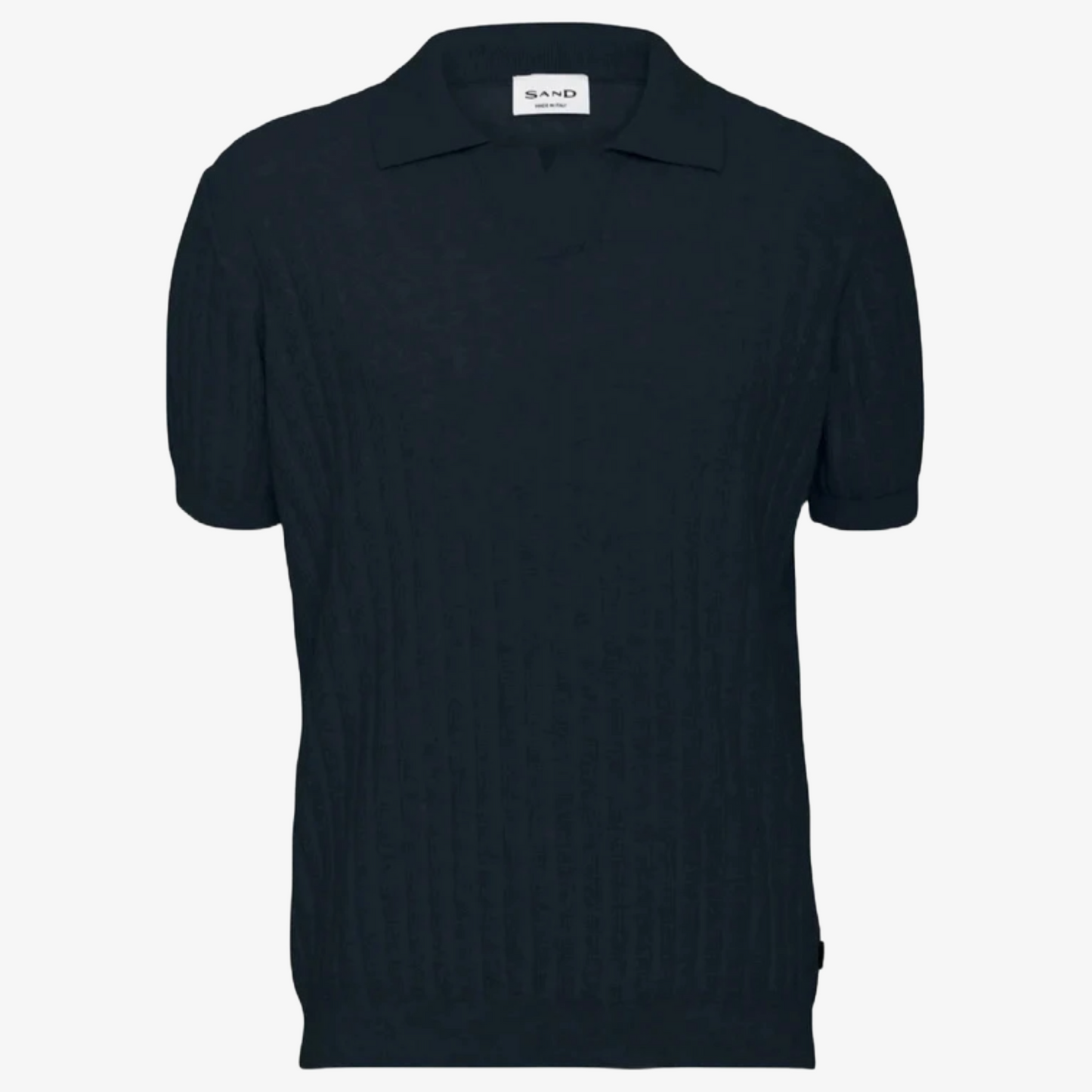Sand Open Neck Knitted Short Sleeve Polo Shirt - Navy
