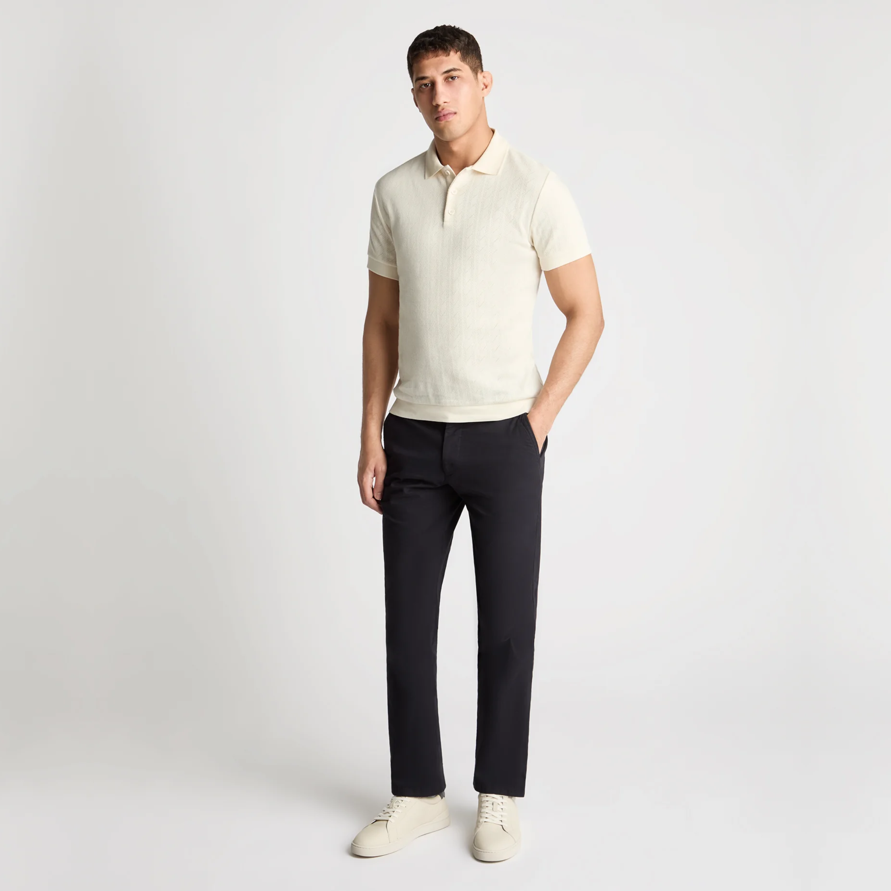 Remus Cable Patterned Cotton Polo Shirt - Cream