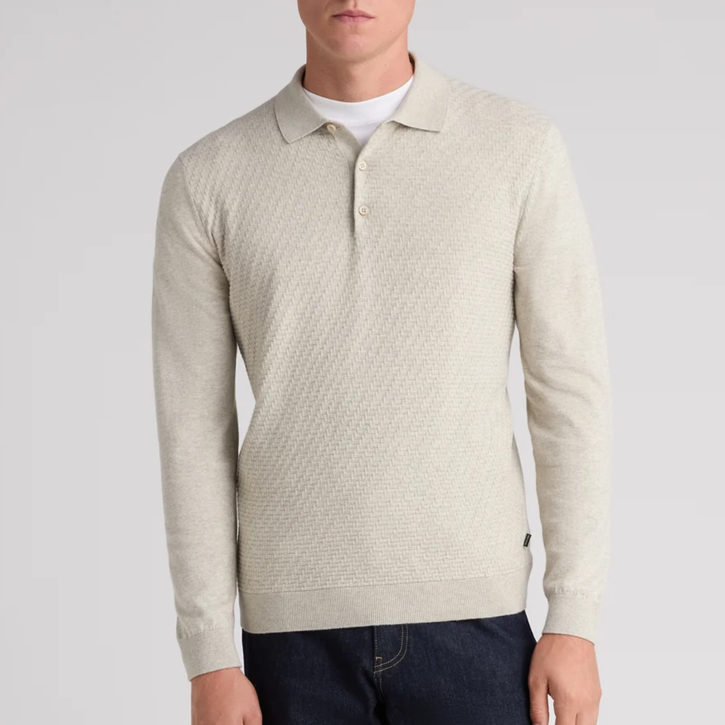 Remus Textured Knitted Long Sleeve Polo Shirt - Ecru