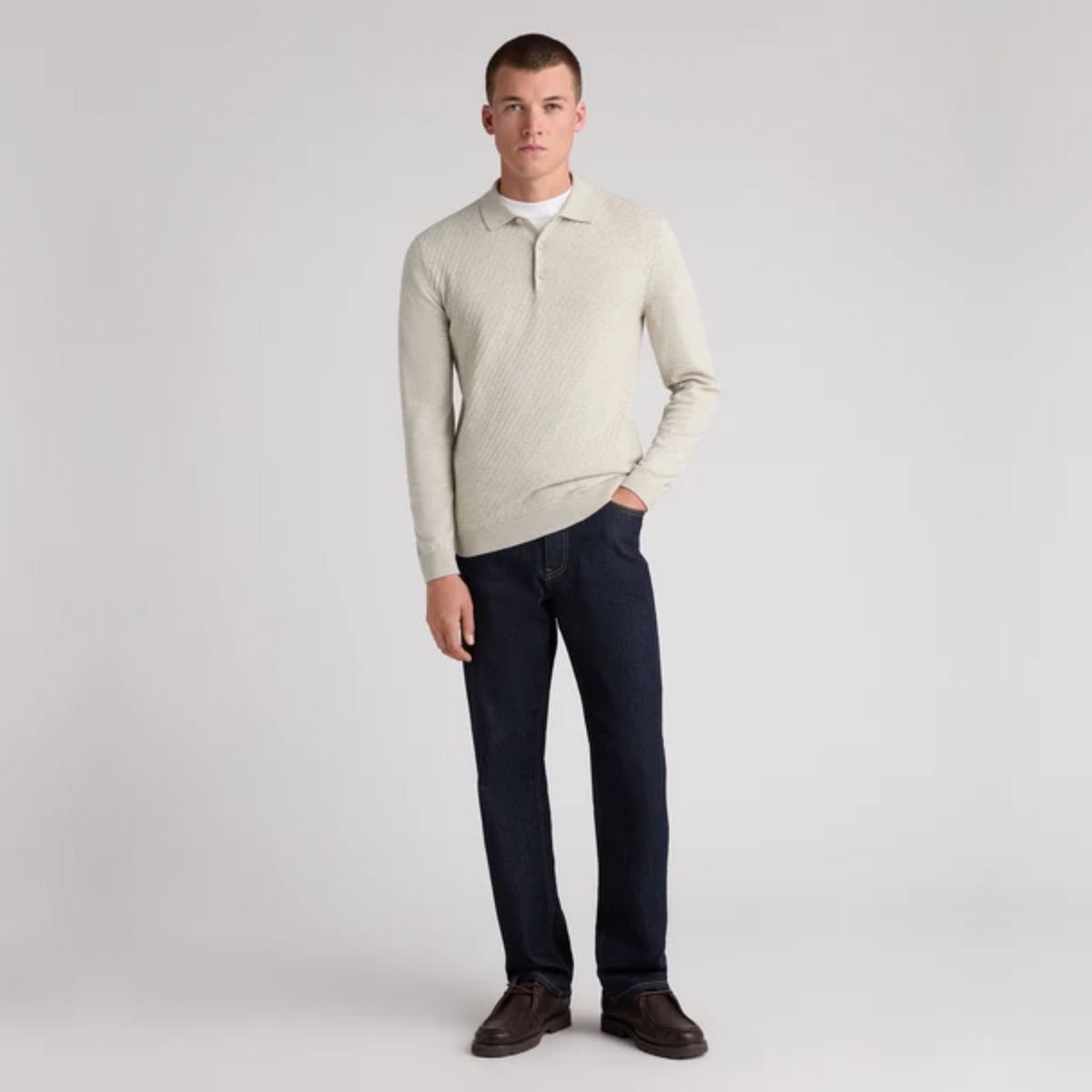 Remus Textured Knitted Long Sleeve Polo Shirt - Ecru