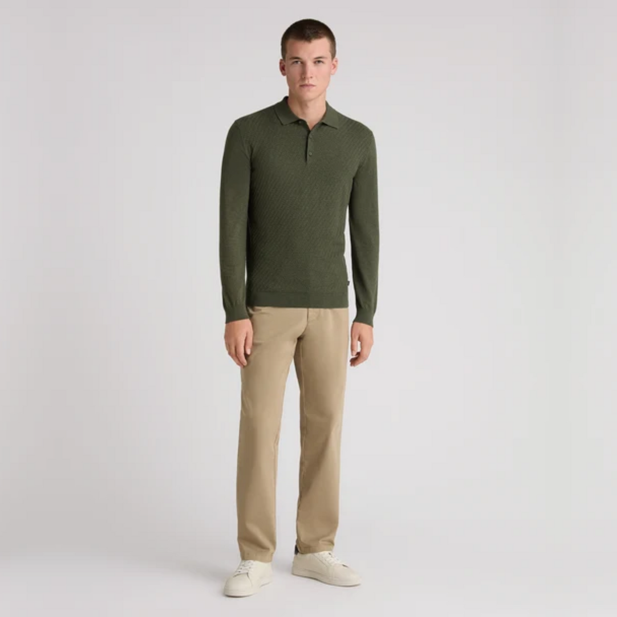 Remus Textured Knitted Long Sleeve Polo Shirt - Green
