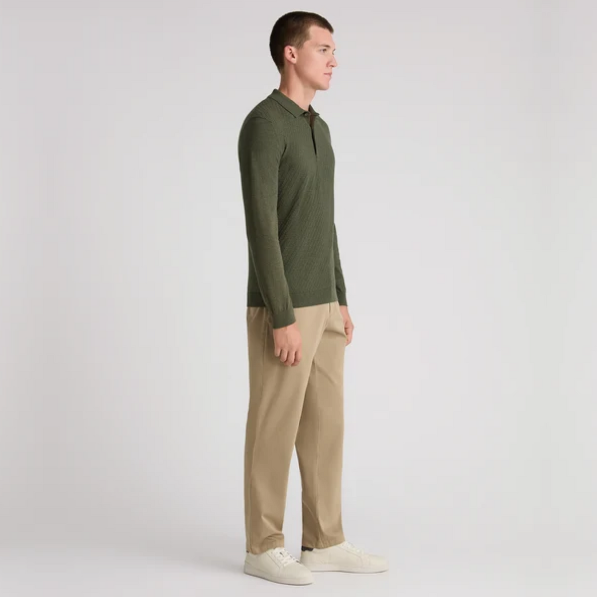 Remus Textured Knitted Long Sleeve Polo Shirt - Green
