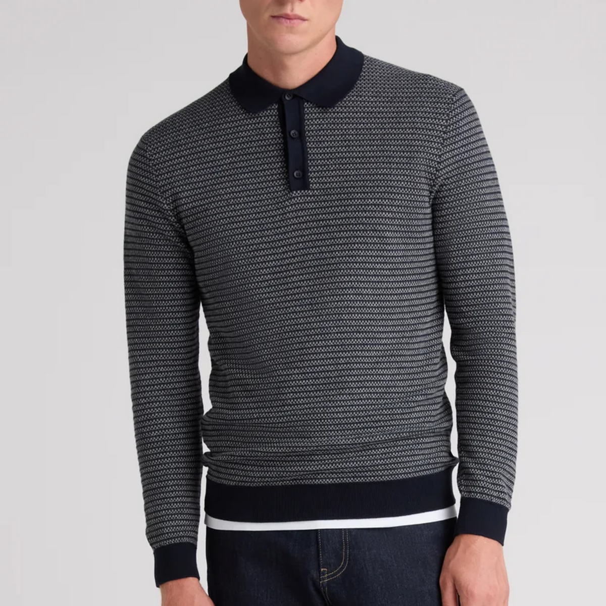 Remus Textured Long Sleeve Cotton Polo Shirt - Navy