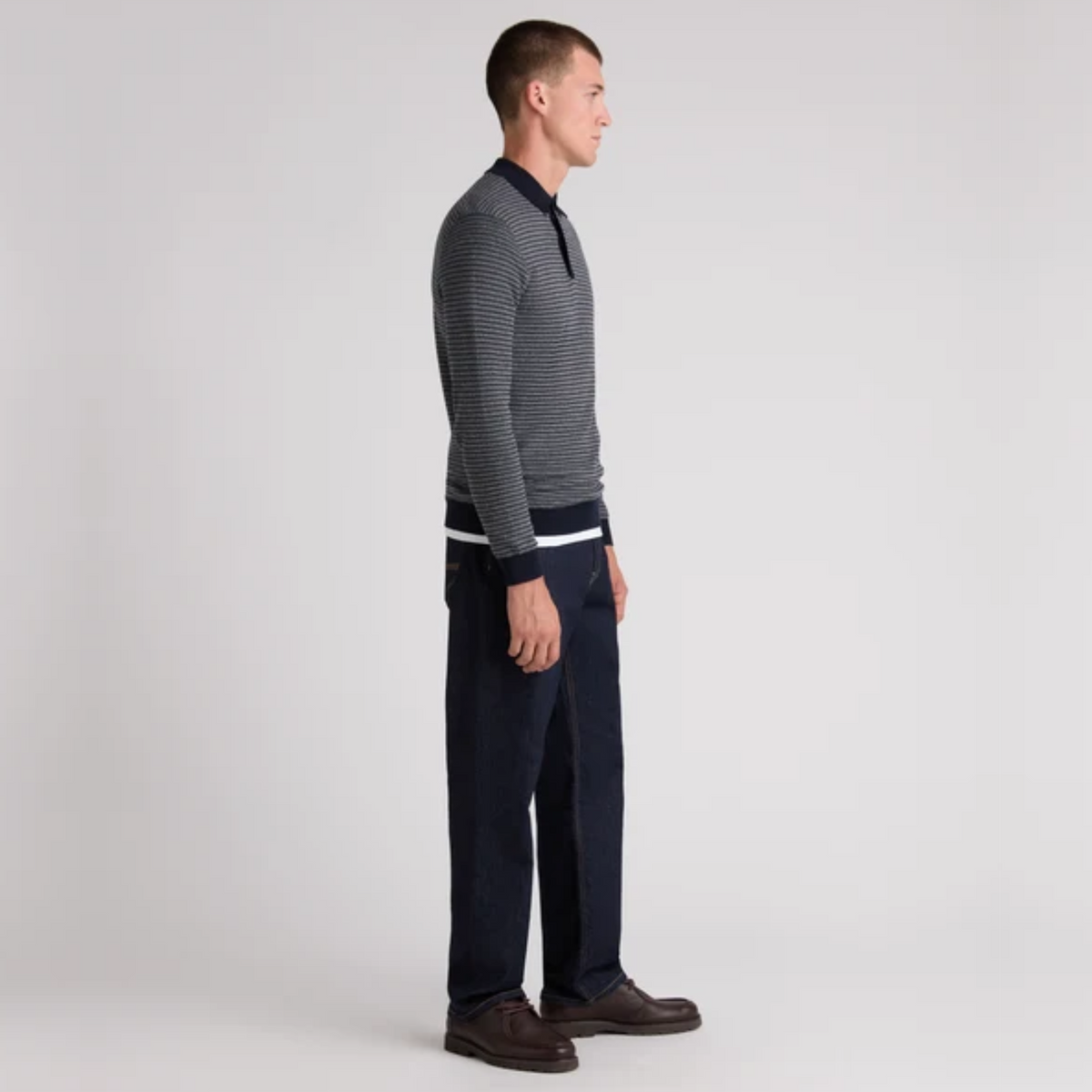 Remus Textured Long Sleeve Cotton Polo Shirt - Navy