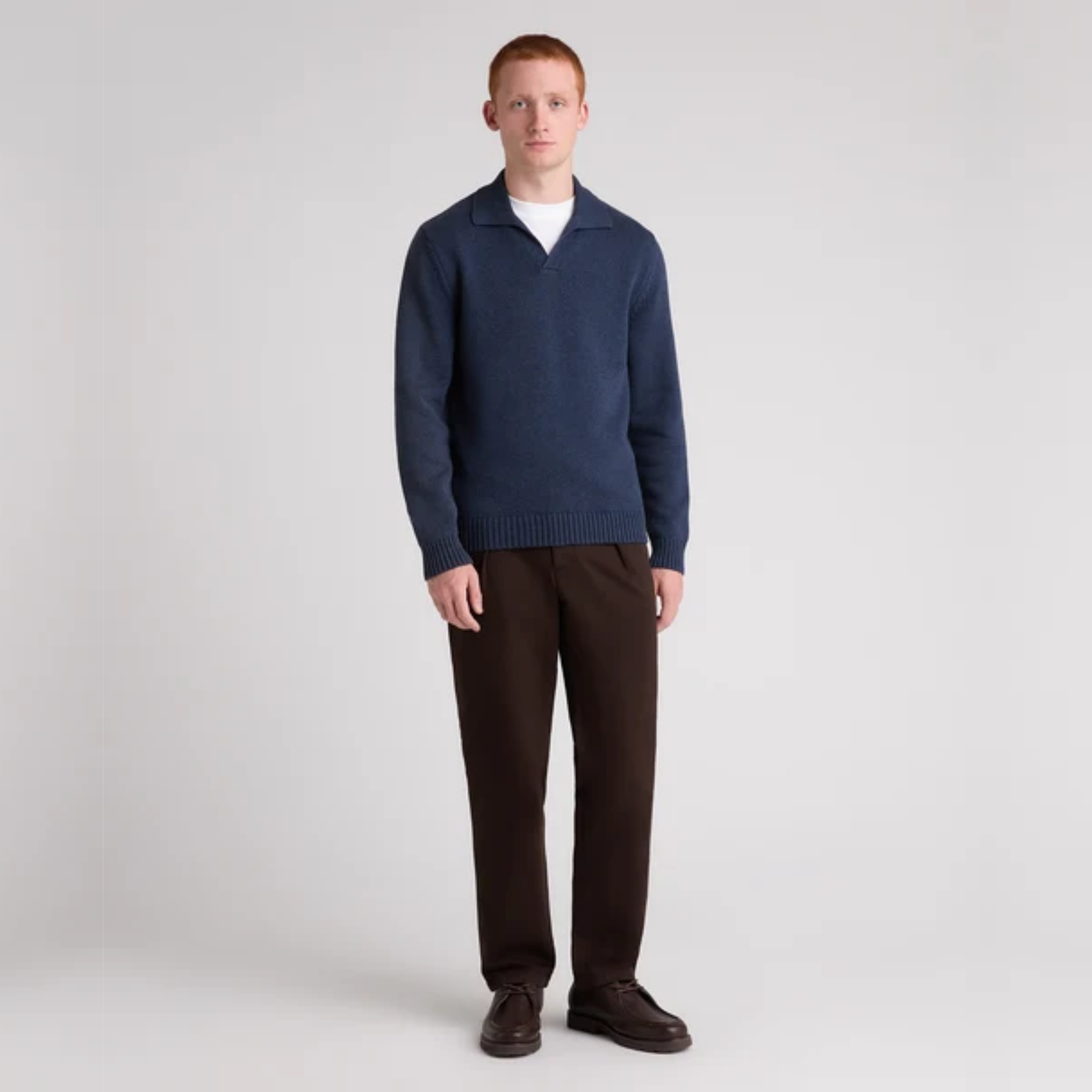 Remus Collared V Neck Cotton Jumper - Navy