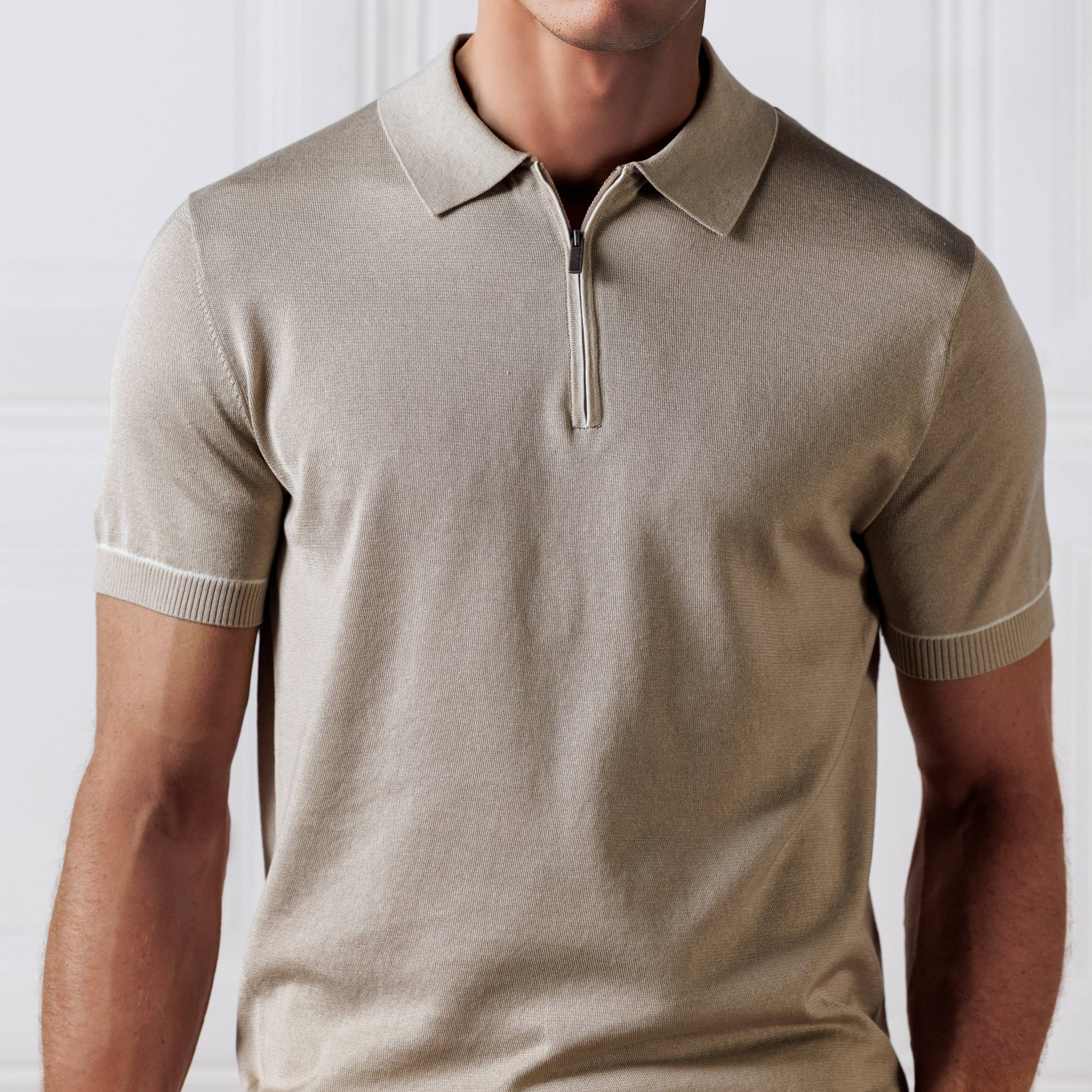 Thomas Maine Knitted Zip Polo - Taupe