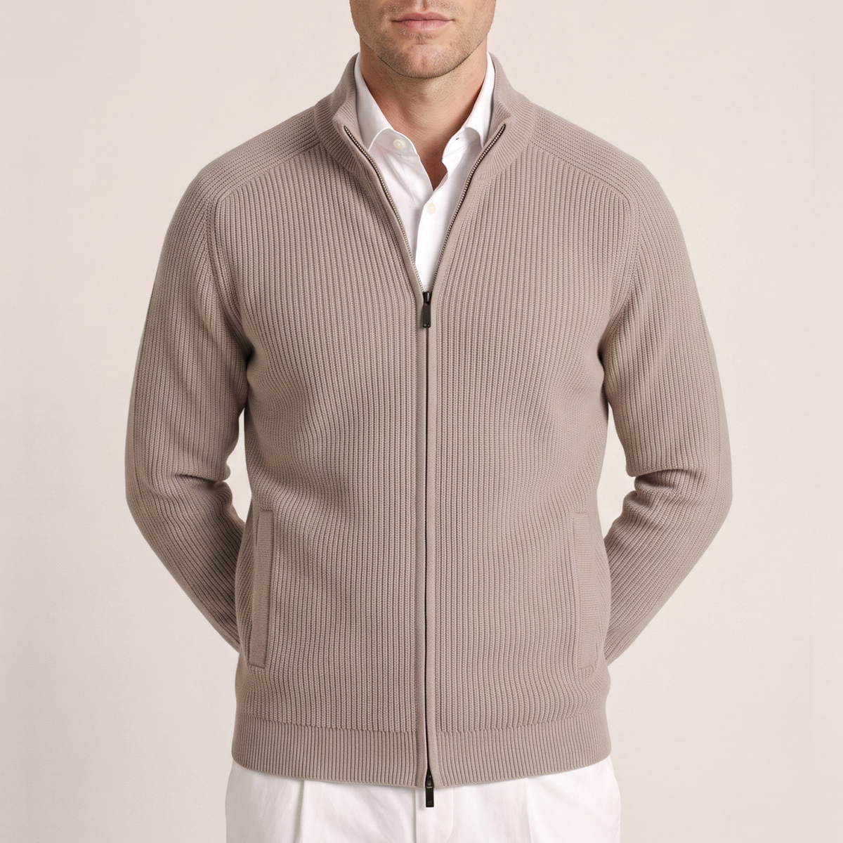 Thomas Maine Lambswool Ribbed Knitted Zip Cardigan - Taupe Melange