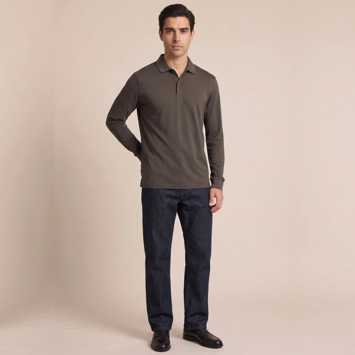 Thomas Maine Liquid Cotton Long Sleeve Polo Shirt - Chocolate Brown