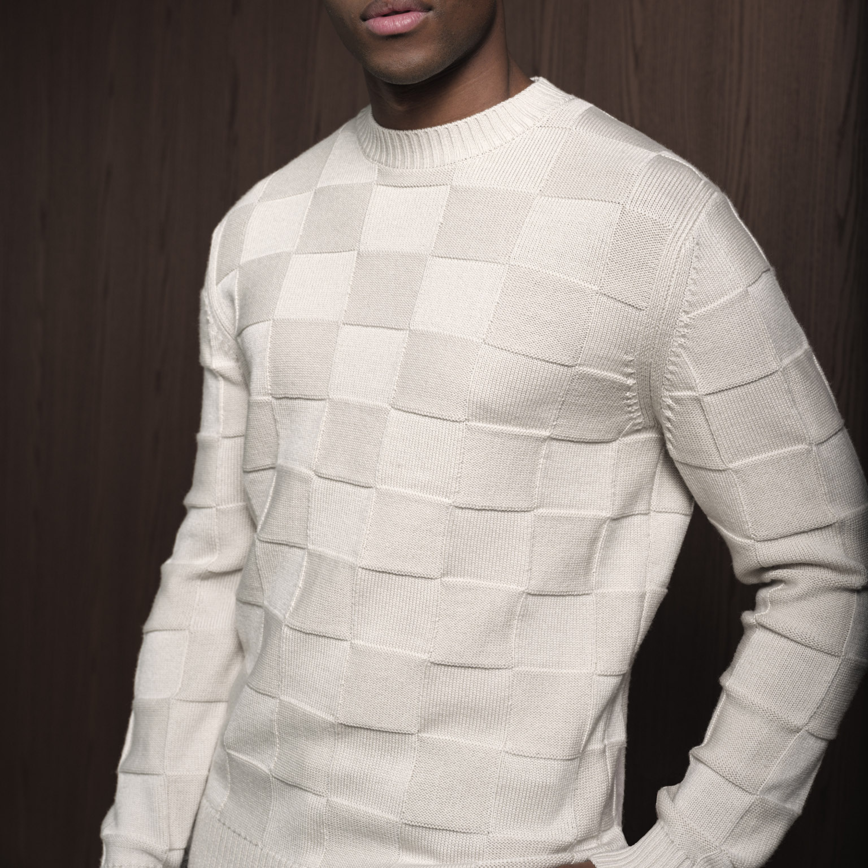 Thomas Maine Merino Checkerboard Crew Neck Jumper - Beige