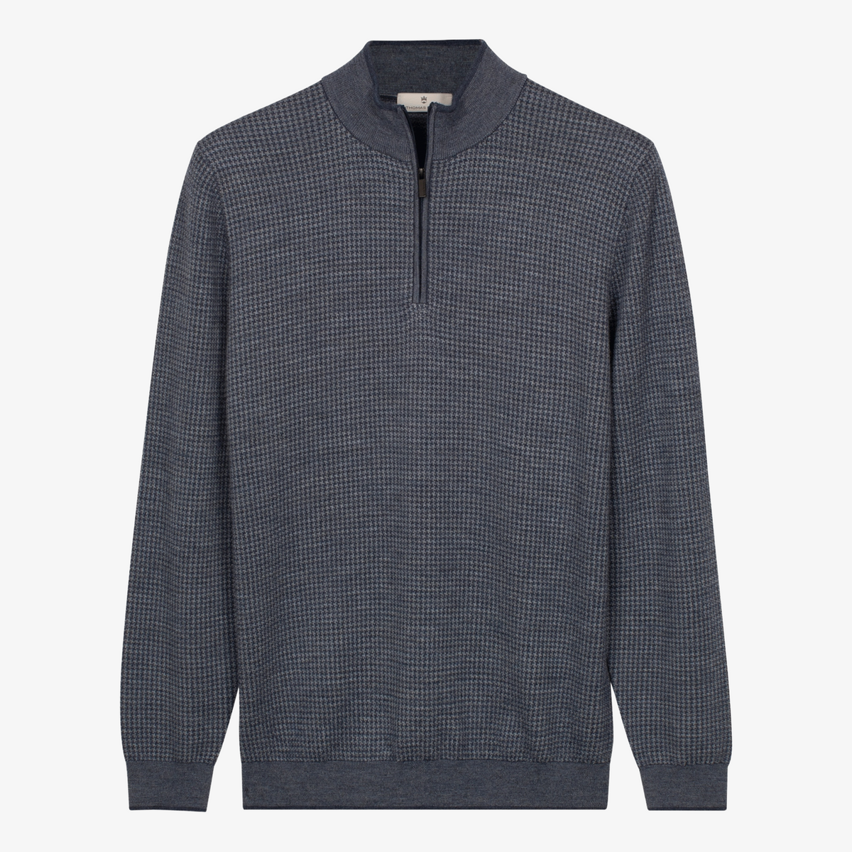 Thomas Maine Half Zip Merino Jacquard Knitted Jumper - Mid Blue