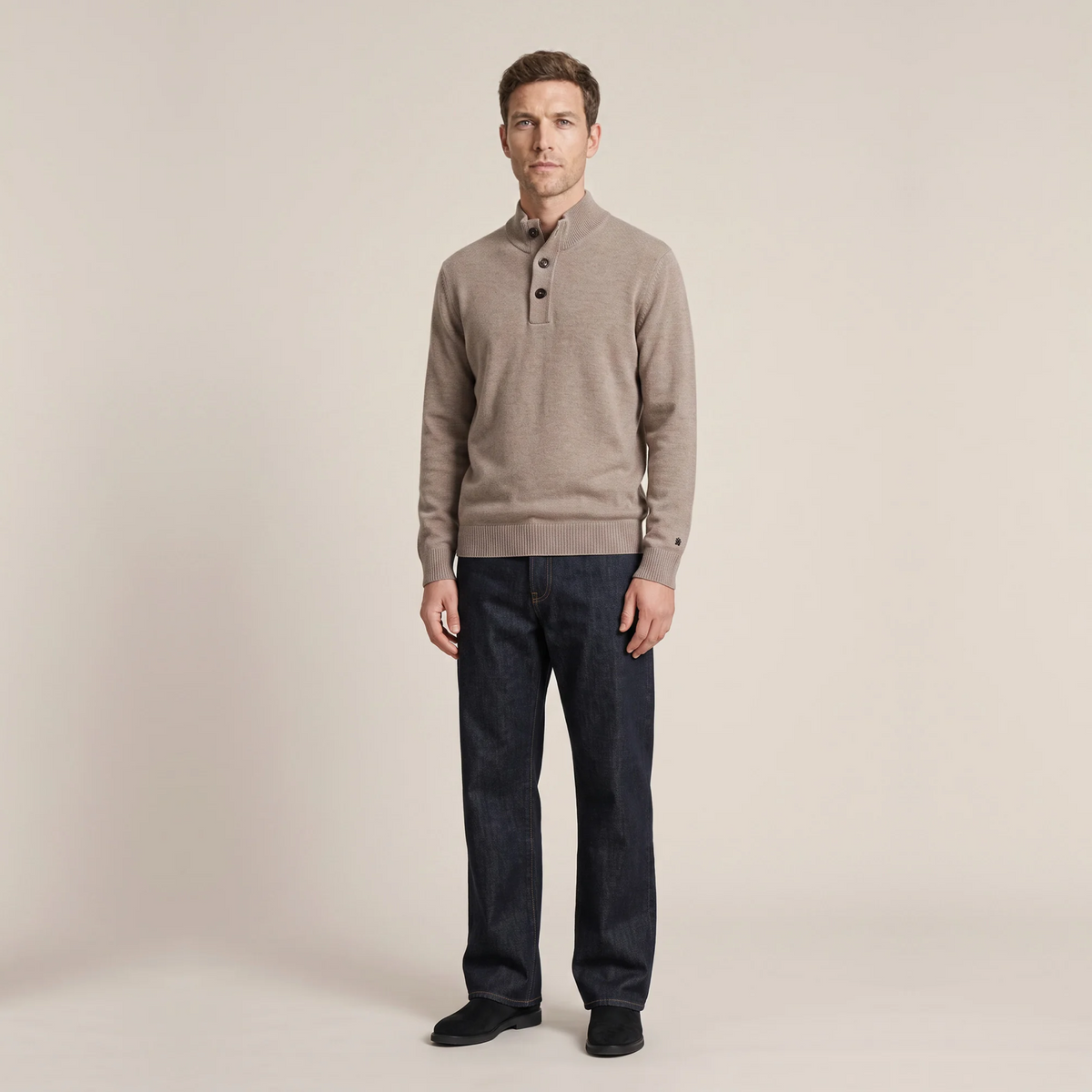 Thomas Maine Lambswool Half Zip Button Up Jumper - Taupe