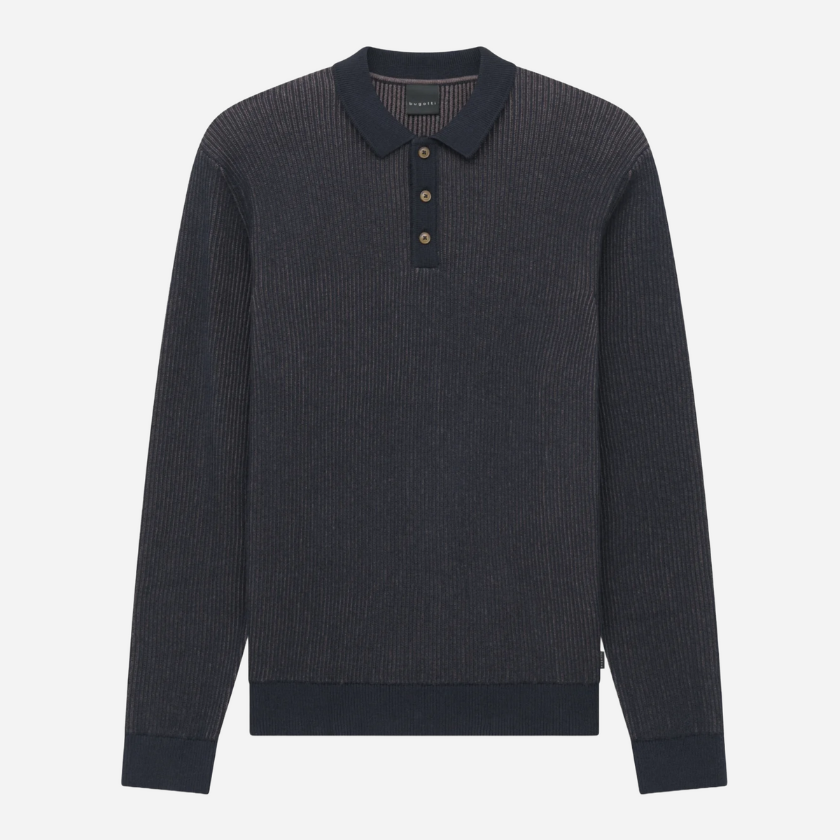 Bugatti Knitted Cotton Cashmere Long Sleeve Polo Shirt - Navy
