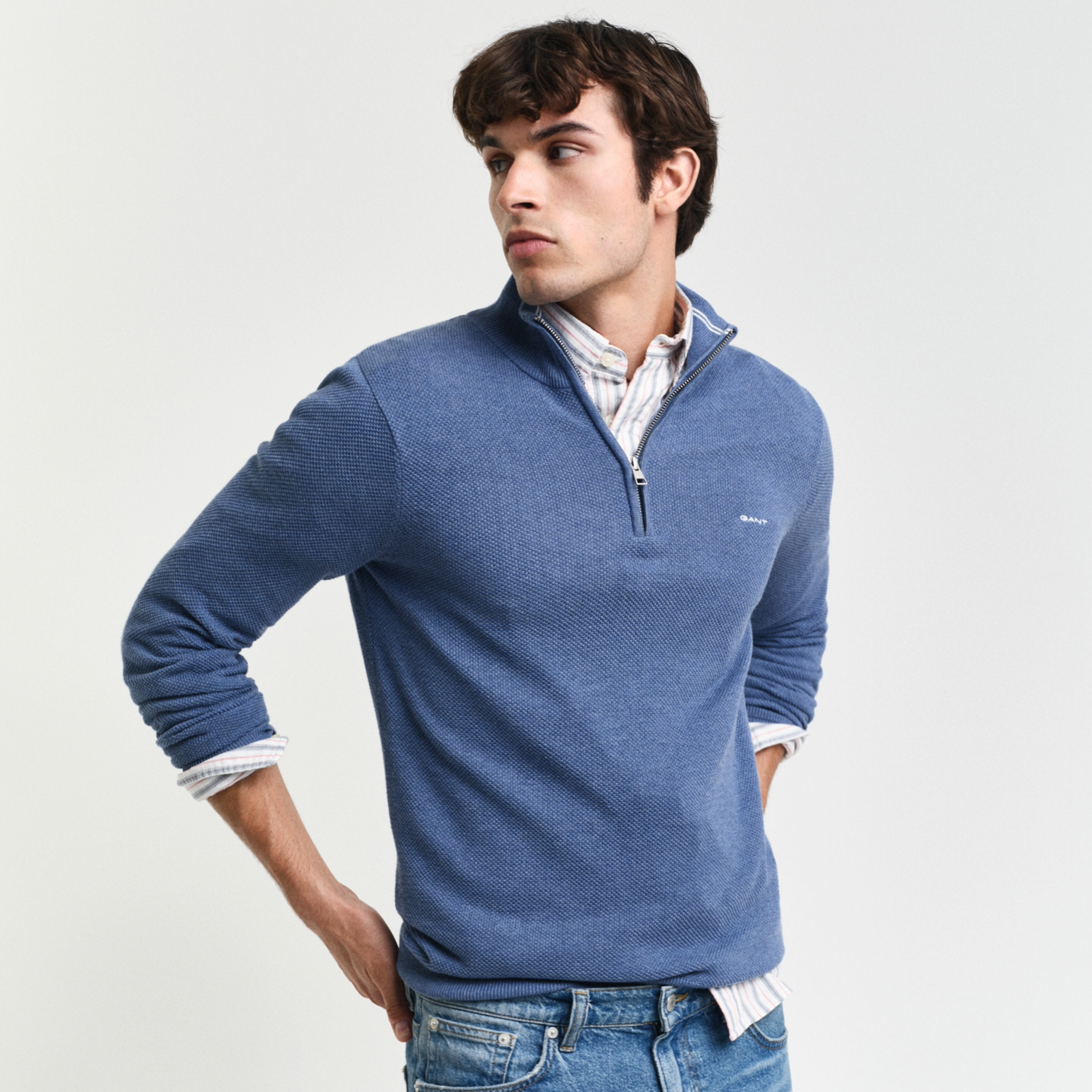 Gant Cotton Pique Half Zip Sweater - Denim Blue