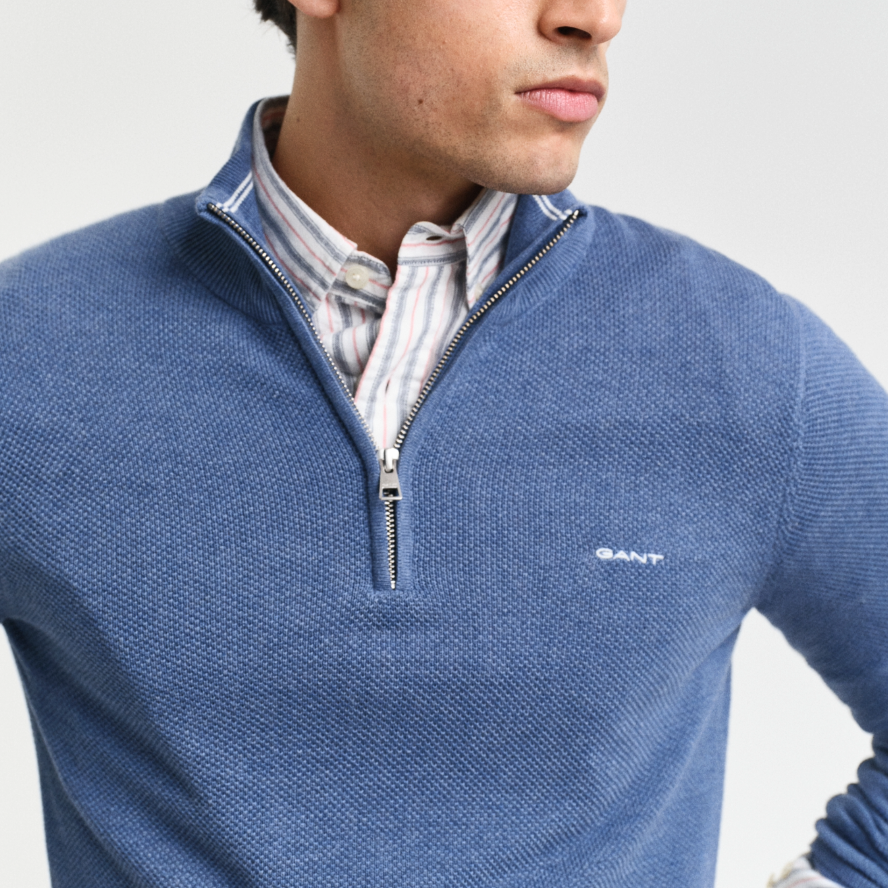 Gant Cotton Pique Half Zip Sweater - Denim Blue