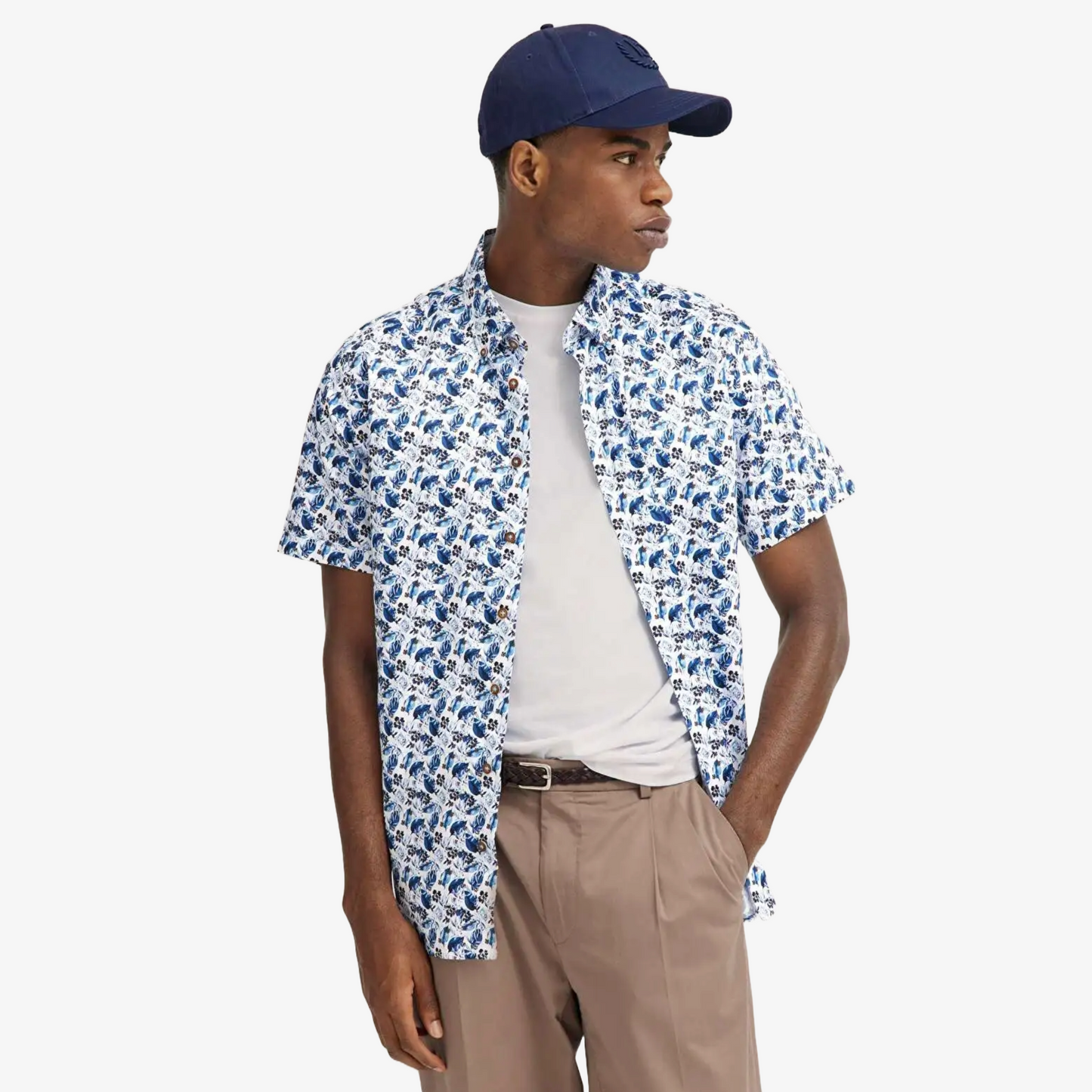 Bugatti Floral Printed Short Sleeve Shirt - Blue-Grey