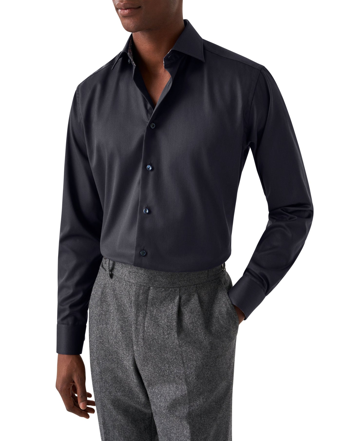Eton Signature Twill Slim Fit Shirt with Paisley Contrast Details - Navy
