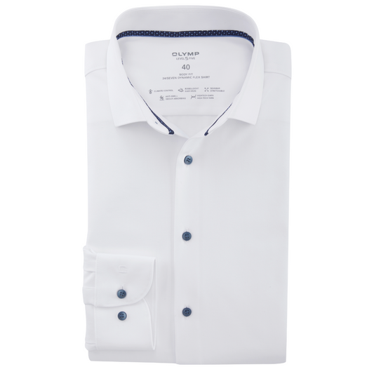 Olymp Level 5 24/7 Slim Fit Flex Jersey Shirt - White with Blue Buttons