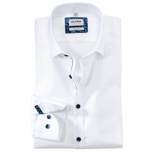 Olymp Level 5 Slim Fit Shirt - White with Navy Buttons