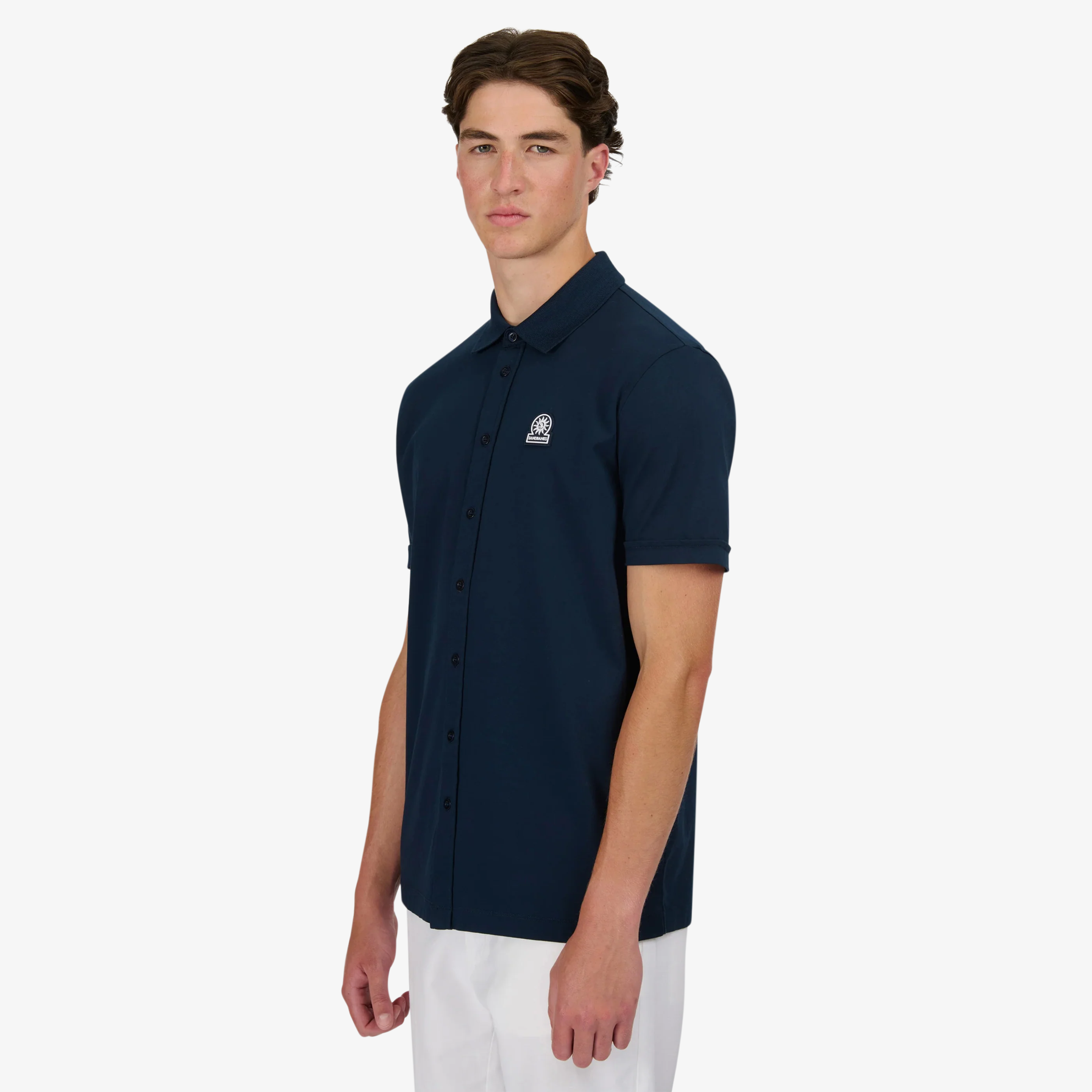 Sandbanks Full Button Interlock Polo Shirt - Navy