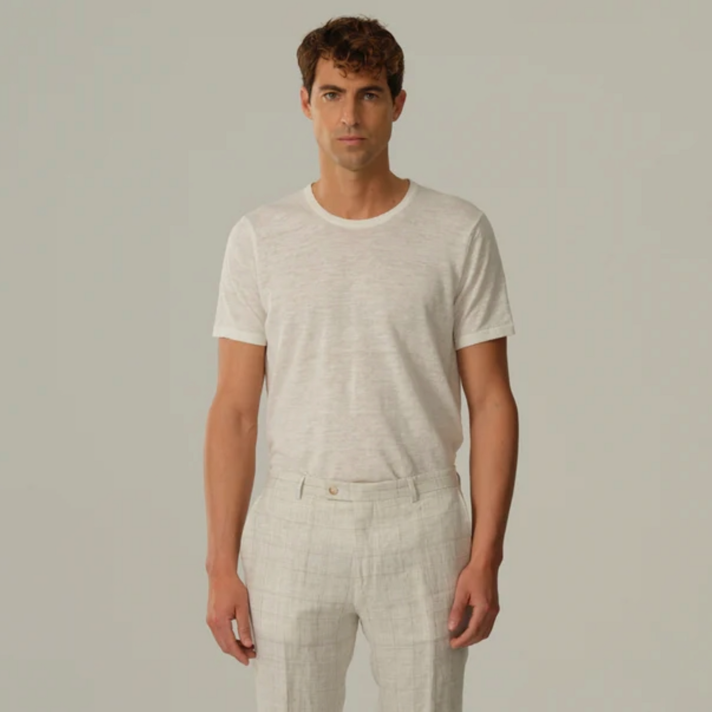 Sand Linen-Cotton T Shirt - White