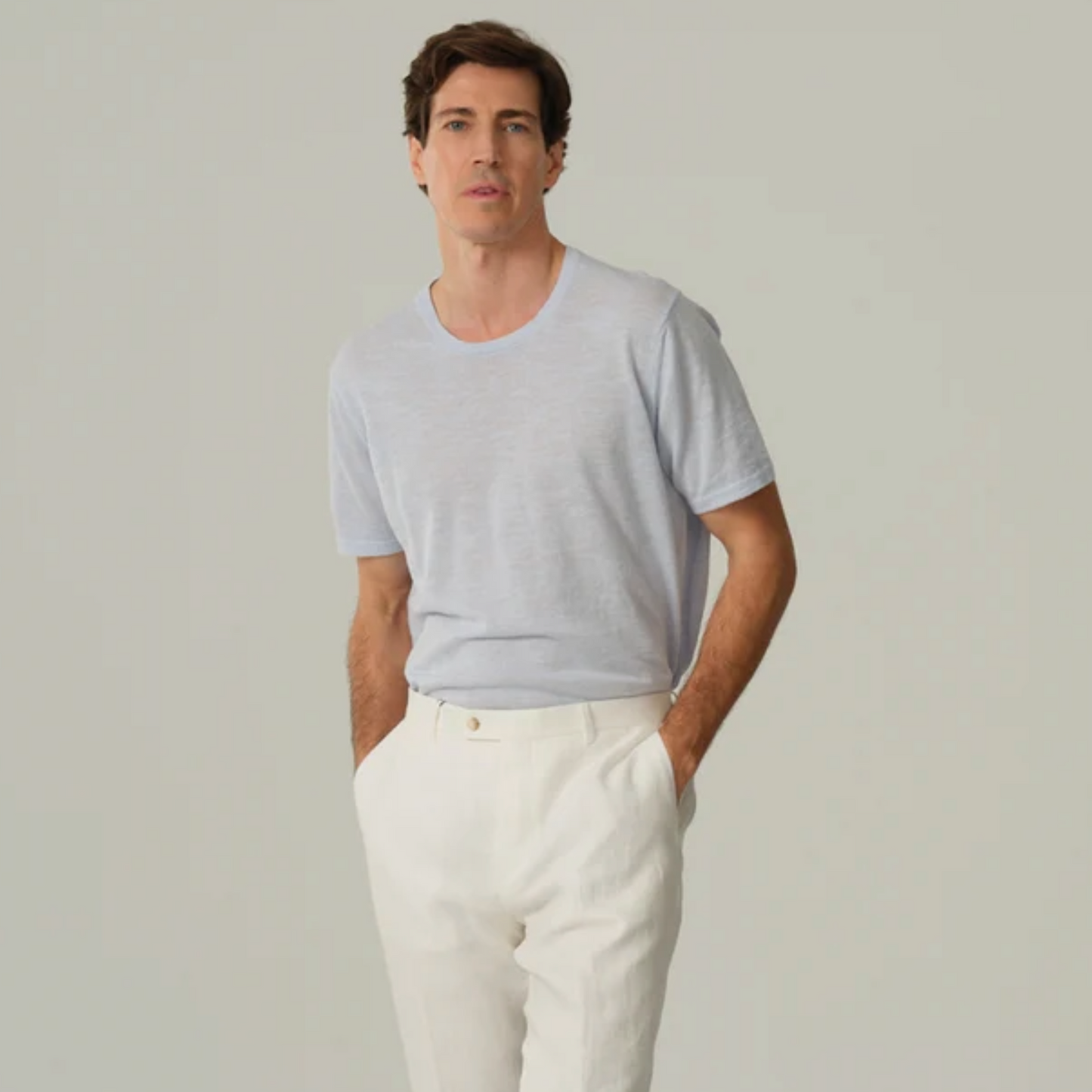 Sand Linen-Cotton T Shirt - Light Blue