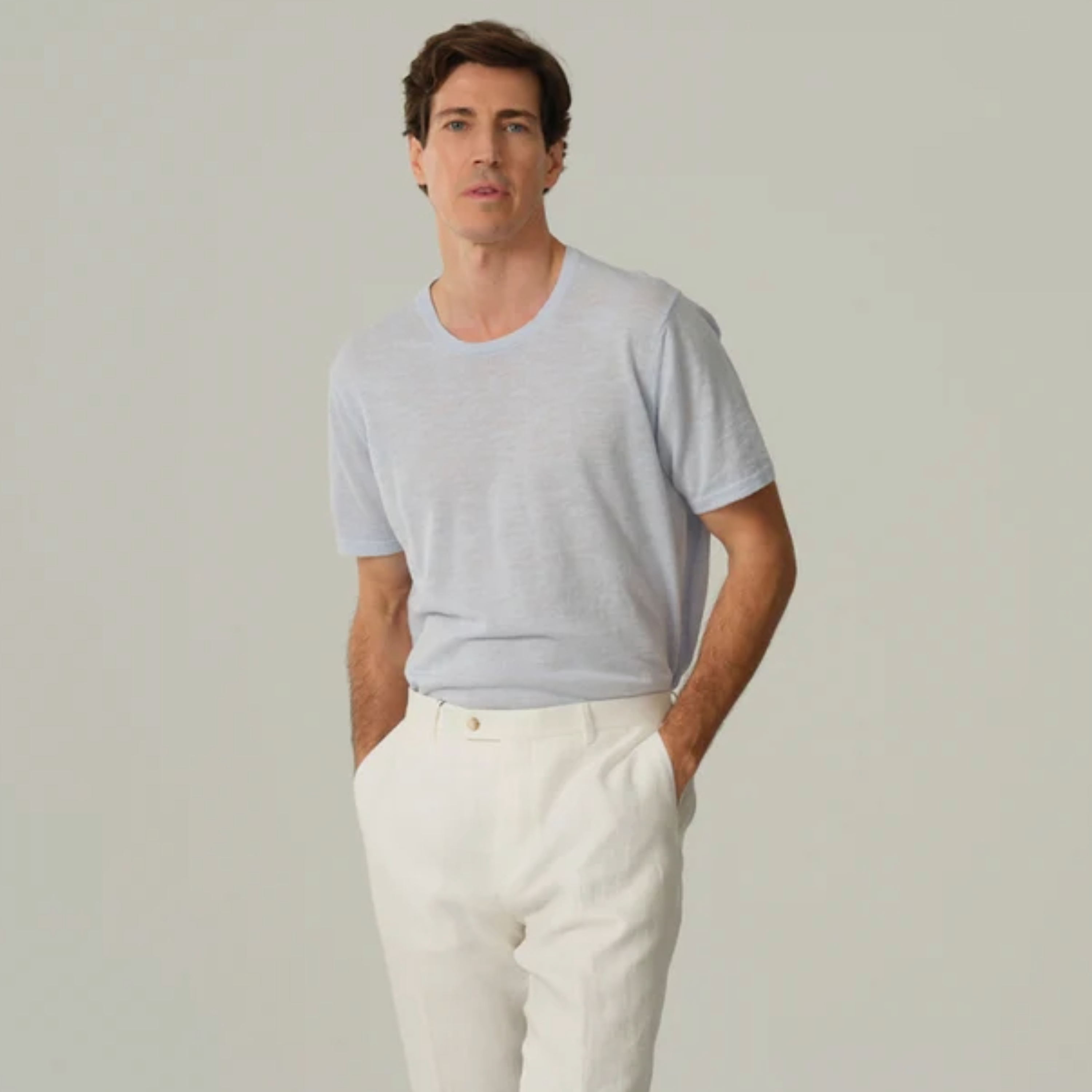 Sand Linen-Cotton T Shirt - Light Blue
