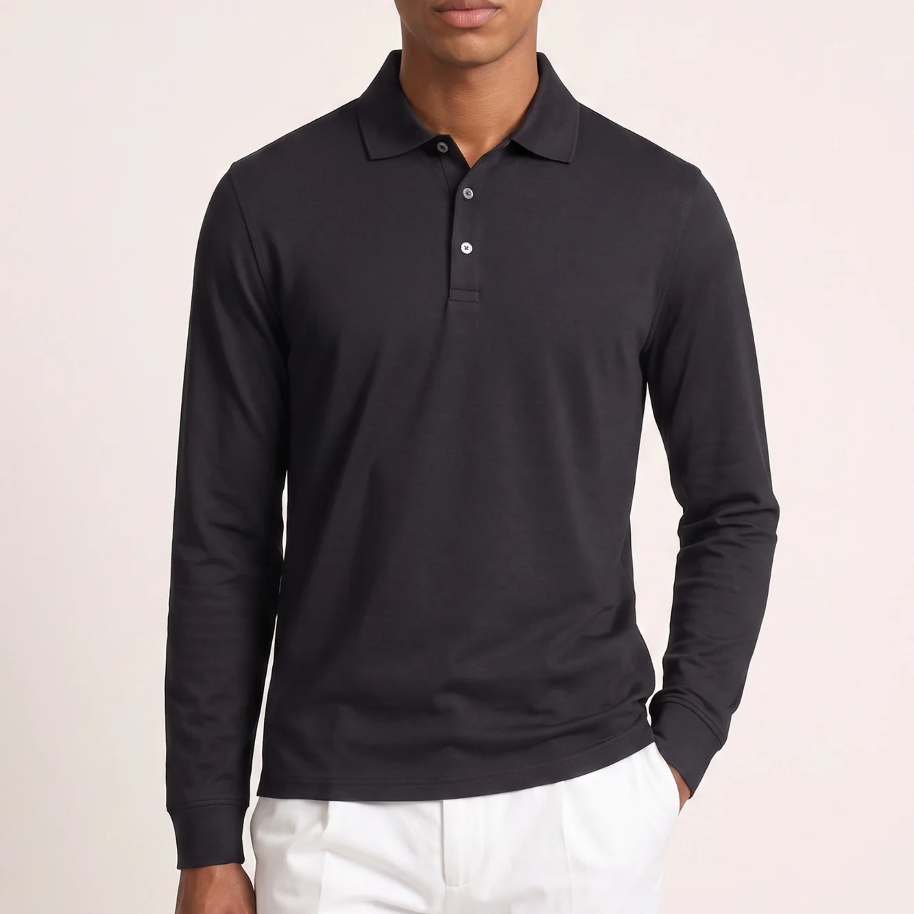 Thomas Maine Liquid Cotton Long Sleeve Polo Shirt - Black