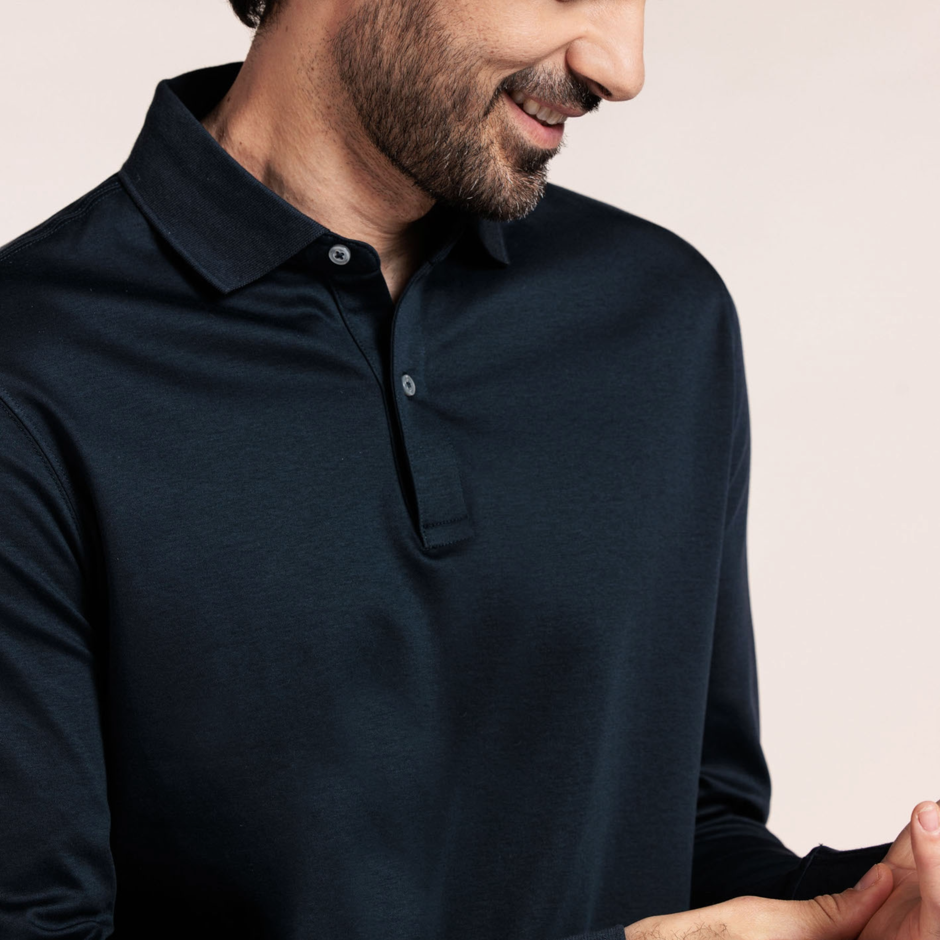 Thomas Maine Liquid Cotton Long Sleeve Polo Shirt - Navy