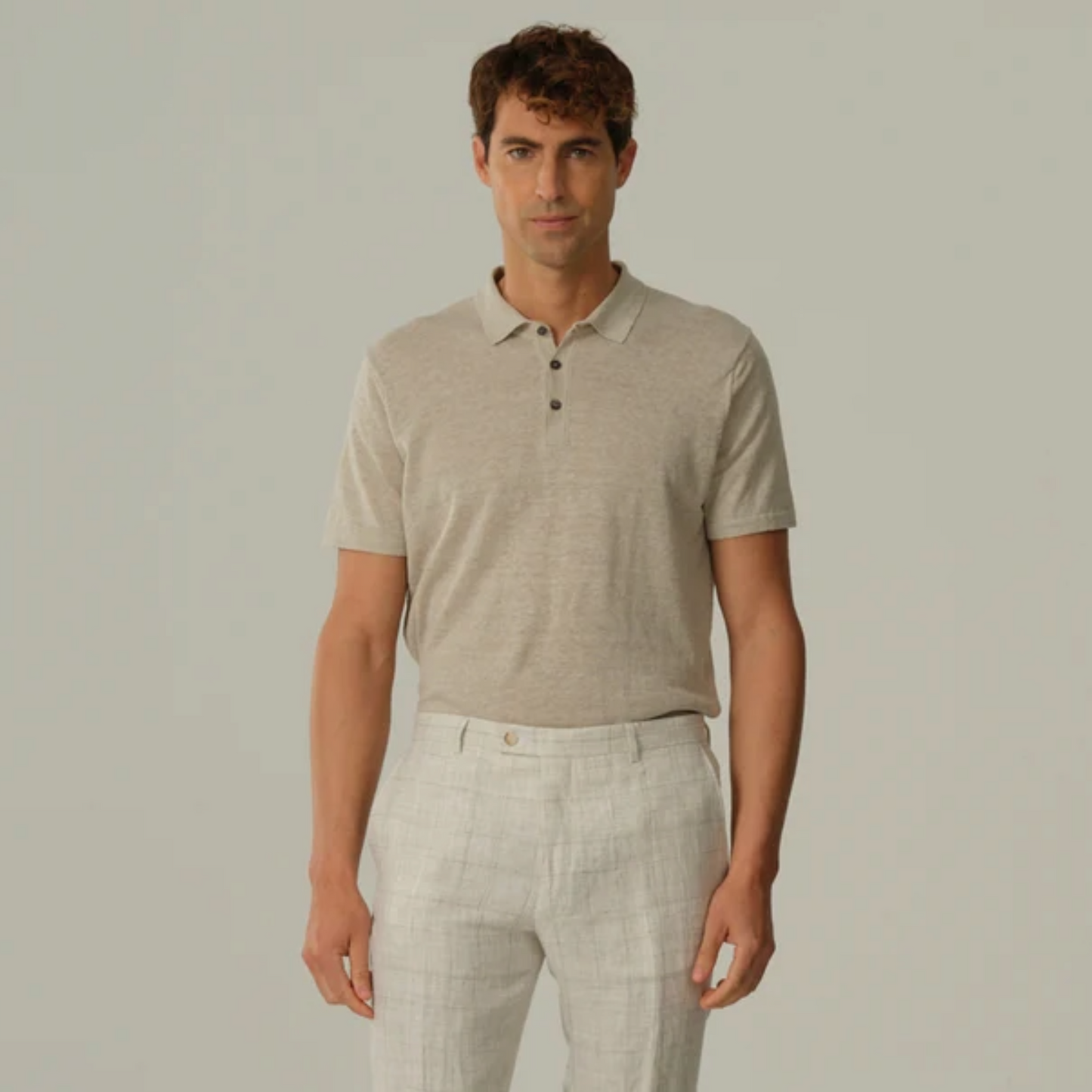 Sand Linen Rico Knitted Polo Shirt - Oatmeal