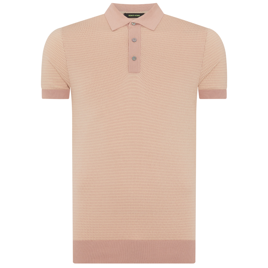 Remus Uomo Short Sleeve Knitted Polo Shirt - Light Pink