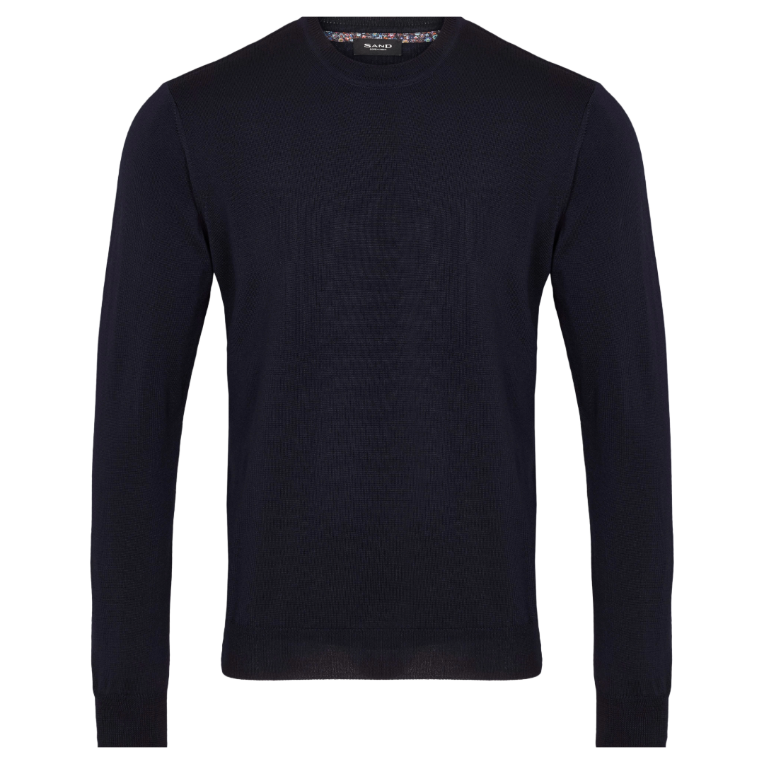 Sand Extrafine Merino Wool Crew Neck - Navy